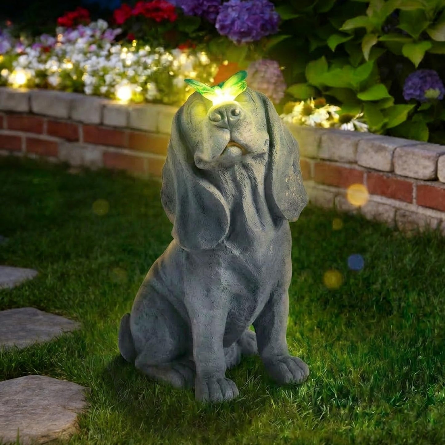 Ovewios Garden Statue Dog Figurines - Outdoor Dog Statue with Solar Butterfly Lights for Patio Yard Art Decor Balcony Lawn Ornament, Ideal Housewarming Gardening Gifts for Mom