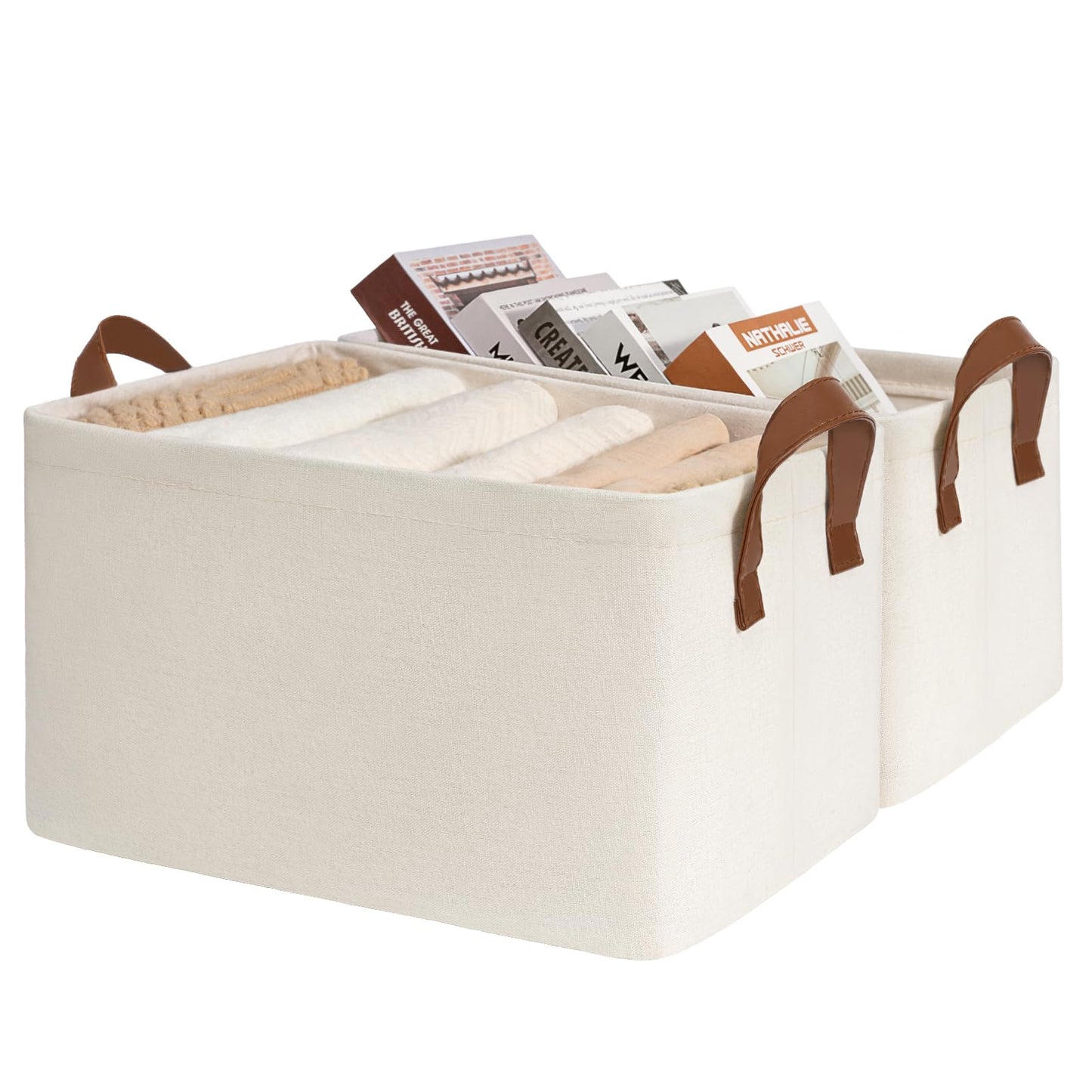 CHICVITA Storage Bins for Shelves, Closet Bins for Organization, Collapsible Storage Baskets for Towels, Rectangle Basket for Bedroom, 14 ¾" L x 10 ¼" W x 8 ¼" H, Beige, 2-Pack