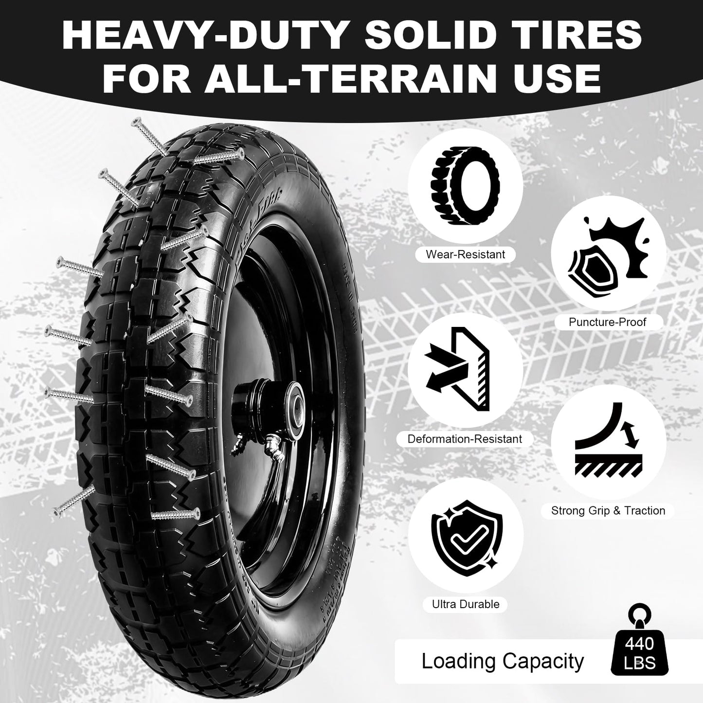 DGSL 1-Pack 4.80/4.00-8 Tire - 14.5" Flat-Free Tire Wheelbarrow Tire with 3" Centered Hub, 5/8" 3/4" Bearings, Heavy Duty Replacement Tires for Gardening & Yard Work