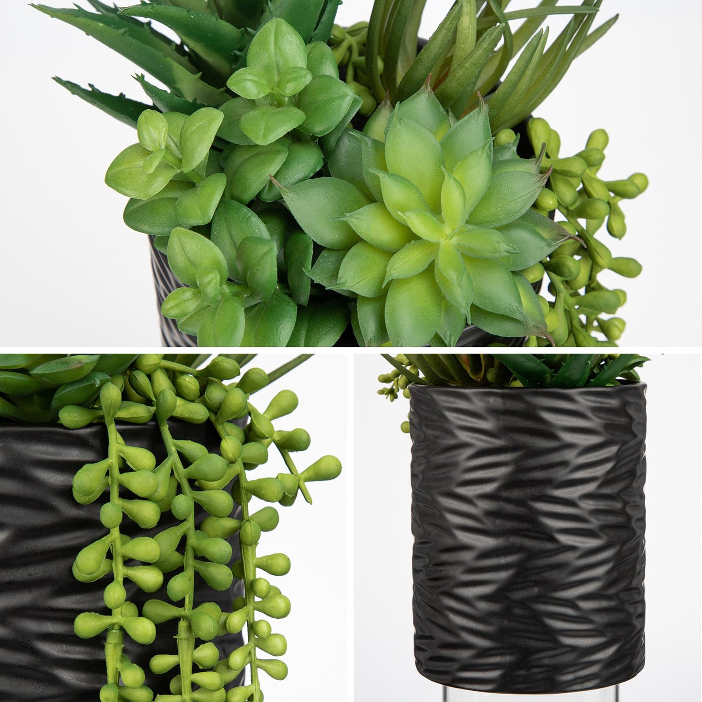 Hollyone Artificial Succulents in Pots Faux Succulents Plants Fake Succulent Arrangement Potted Plants with Black Ceramic Vase for Office Desk Bathroom Shelf Living Room Indoor Home Decor Large
