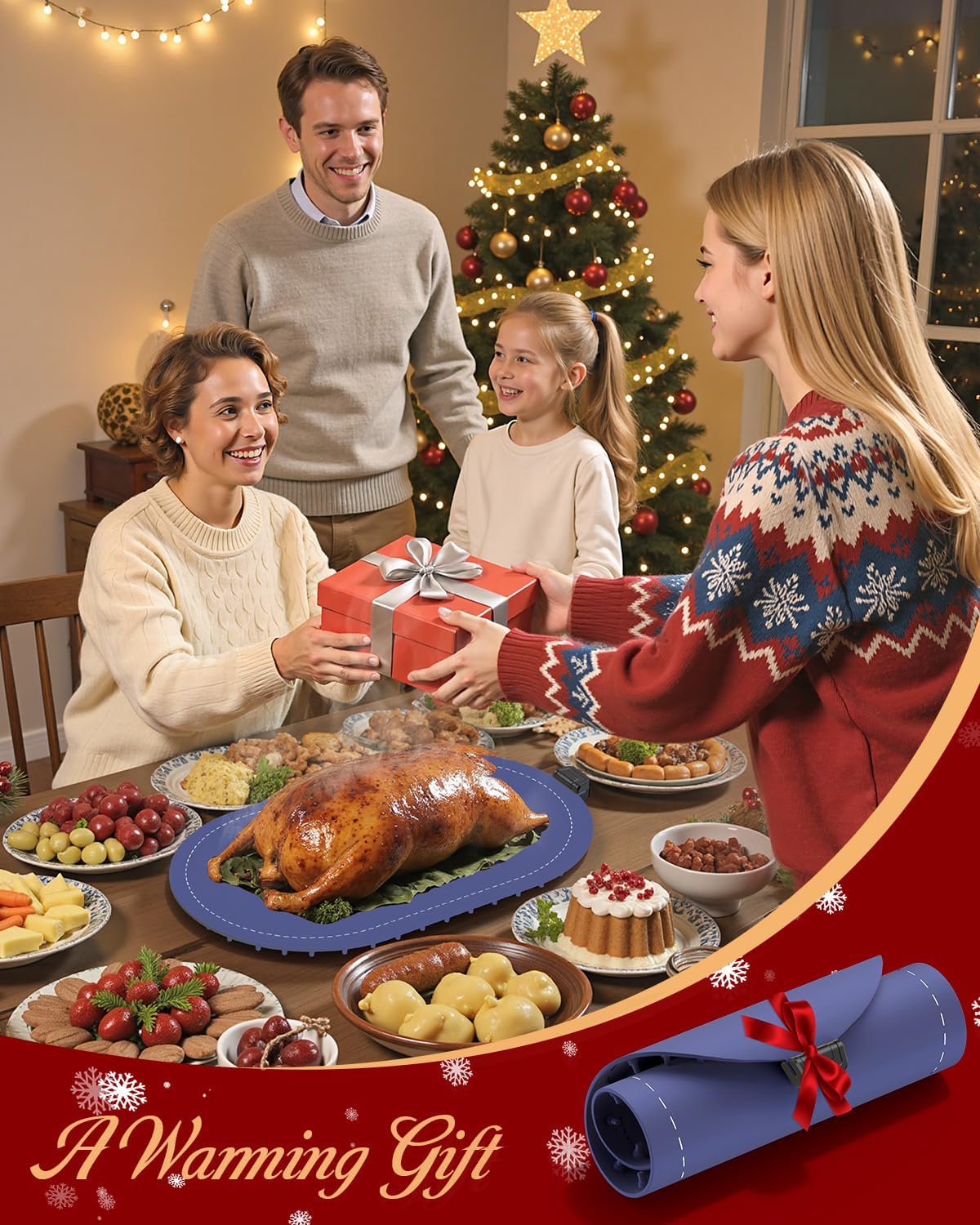 Food Warming Mat for Table & Buffet, Fast Heating Serving Tray with Adjustable Temperature & Timer, Foldable Silicone Heating Mat for Family Meals, Parties & Holiday Hosting