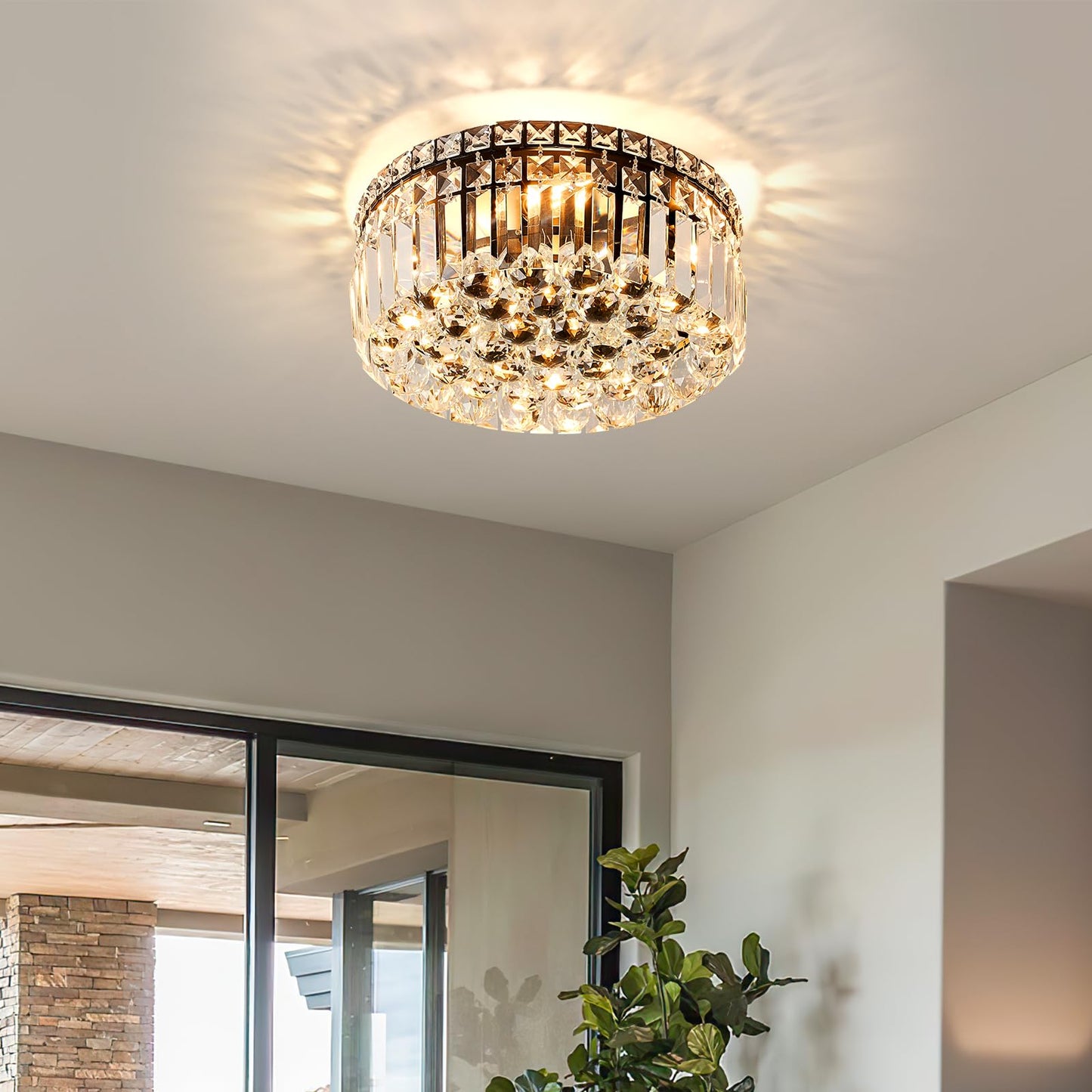CEENLI 4-Light Black Crystal Chandeliers Flush Mount Chandelier Light Fixture with K9 Crystals Modern Ceiling Lights Elegant Round Lamp for Bedroom,Hallway,Bar,Living Room,Dining Room,H5.9 xW13.7