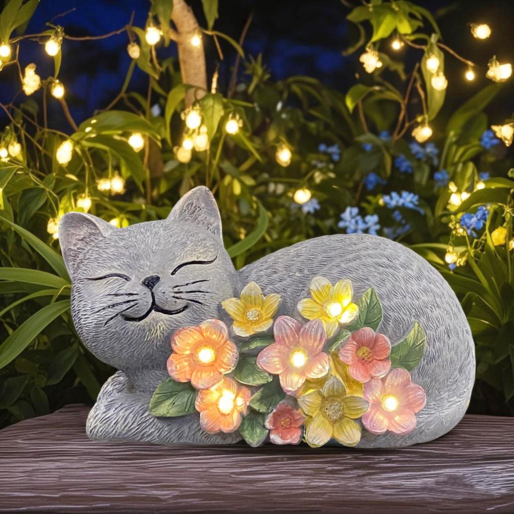 LEAESMHR Solar Cat Outdoor Statue, Resin Solar Cat Lights with Flower for Outside, Garden Cats Figurine for Lawn Porch Yard Art - Birthday Gifts for Mom Grandma Women