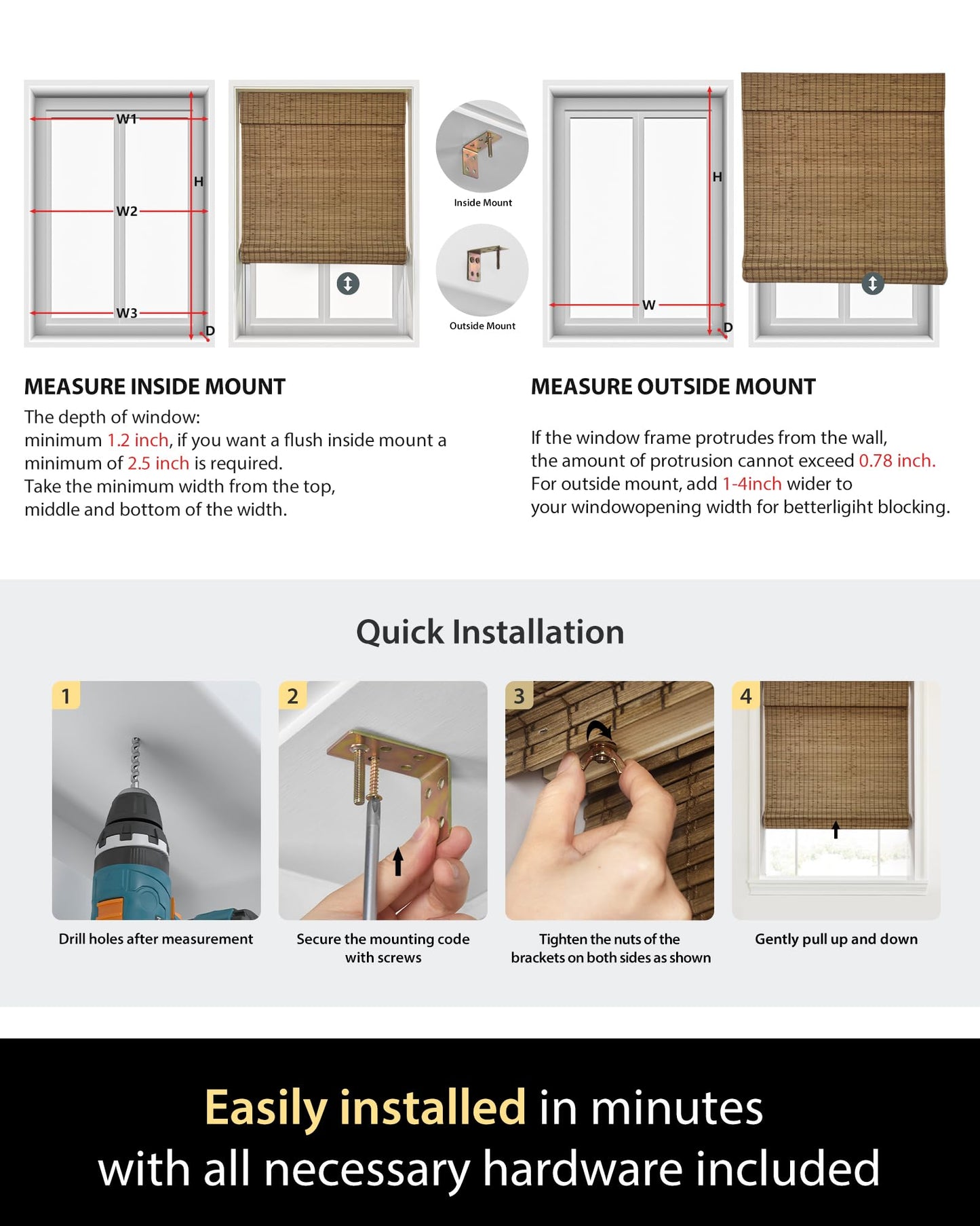 UNISHADES Cordless Bamboo Roman Shades for Windows, Blinds Size (26.5" W ×48" H) Colour (Highfield Teak)