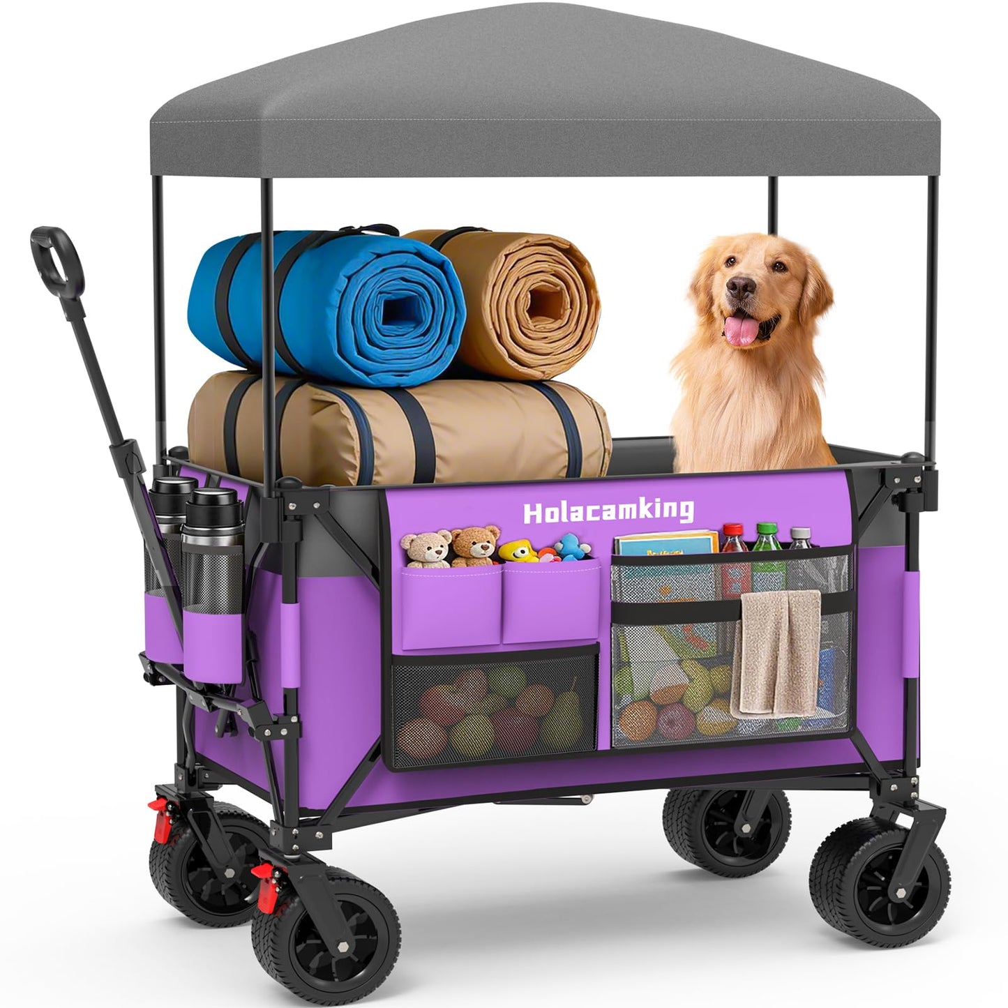Holacamking Collapsible Canopy Wagon Cart, Heavy Duty Utility Wagon with Removable Sun Cover, All-Terrain Big Wheels, Dual Brakes, Extra Large Grocery Cart for Beach Camping Sports Tailgates (Purple)
