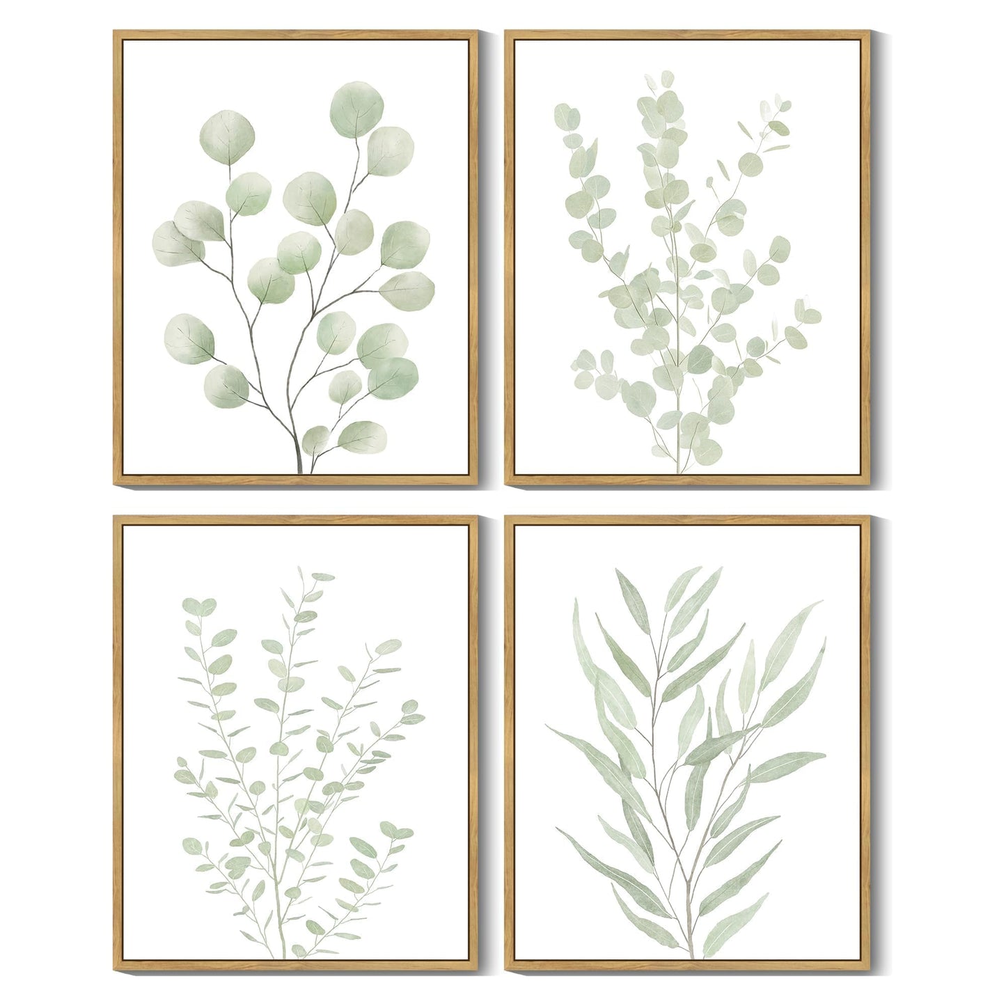 Drsoum Botanical Plant Framed Wall Art Boho Wall Decor for Bathroom Sage Green Eucalyptus Leaf Prints Minimalist Aesthetic Ready to Hang Set of 4, 8x10 in (Natural Framed)