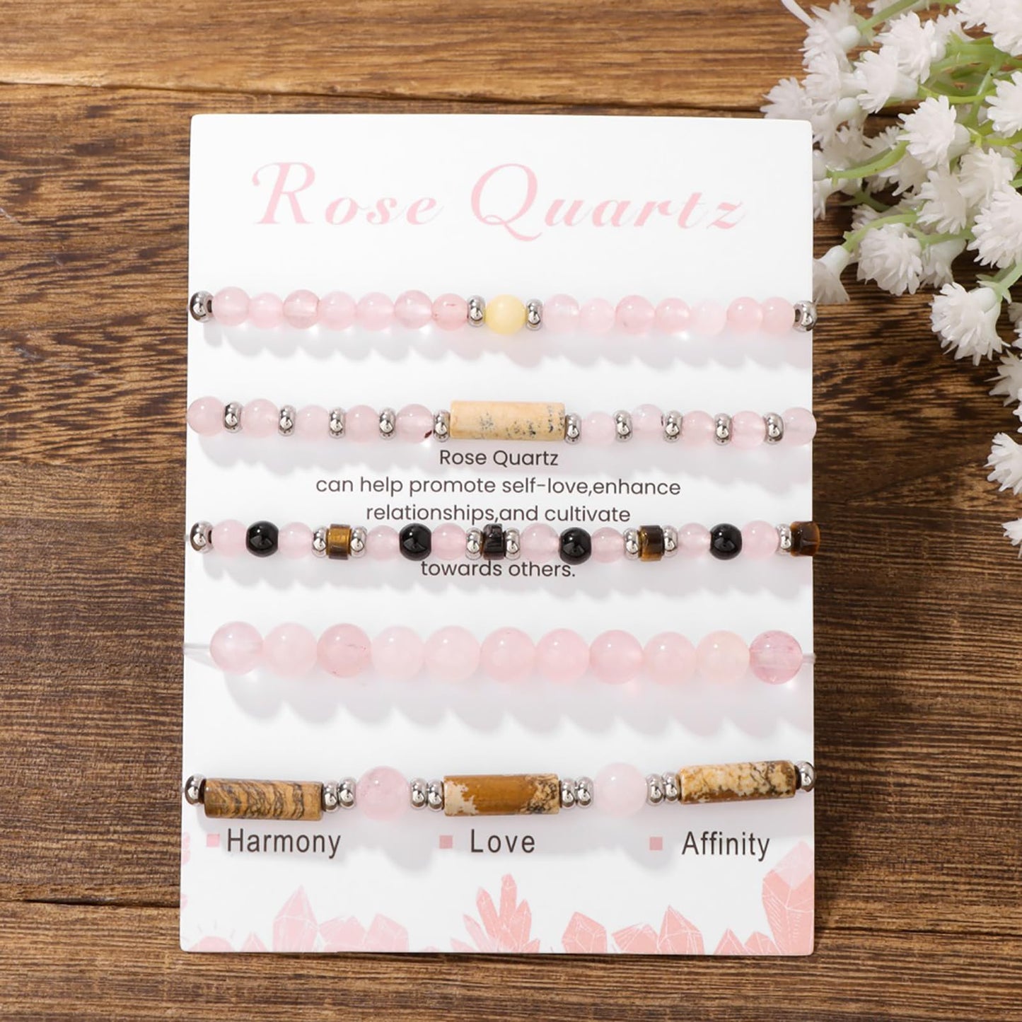 Lit Wall 5Pcs Rose Quartz Bracelet Set: 4mm Stackable Pink Crystal Beaded Bracelets for Women