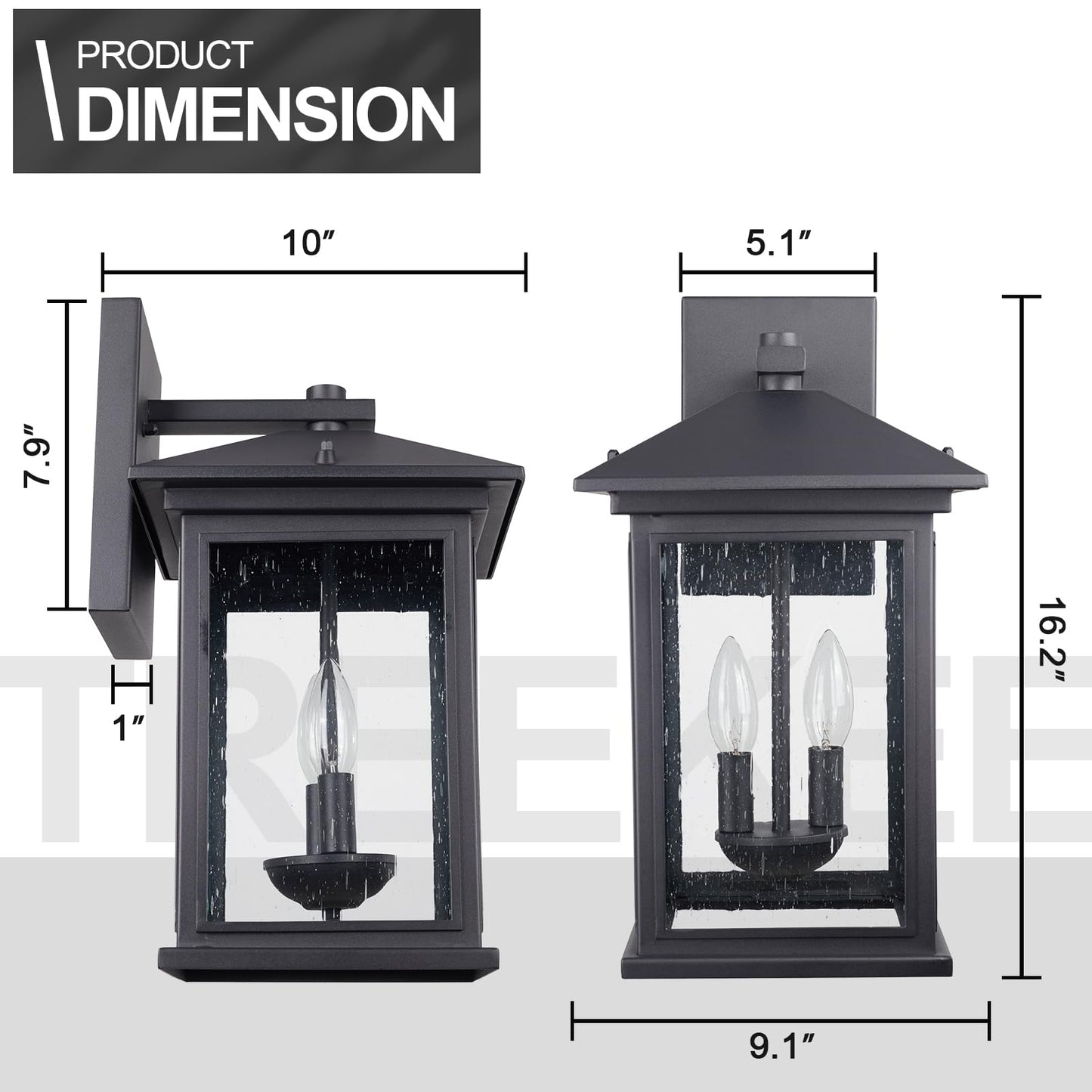 Treekee Outdoor Wall Light Fixtures, 16 Inch Waterproof Square Lanterns, 2-Light Exterior Porch Sconces Lighting with Seeded Glass Shade, Modern Black Lamps for Patio Front Door Entryway