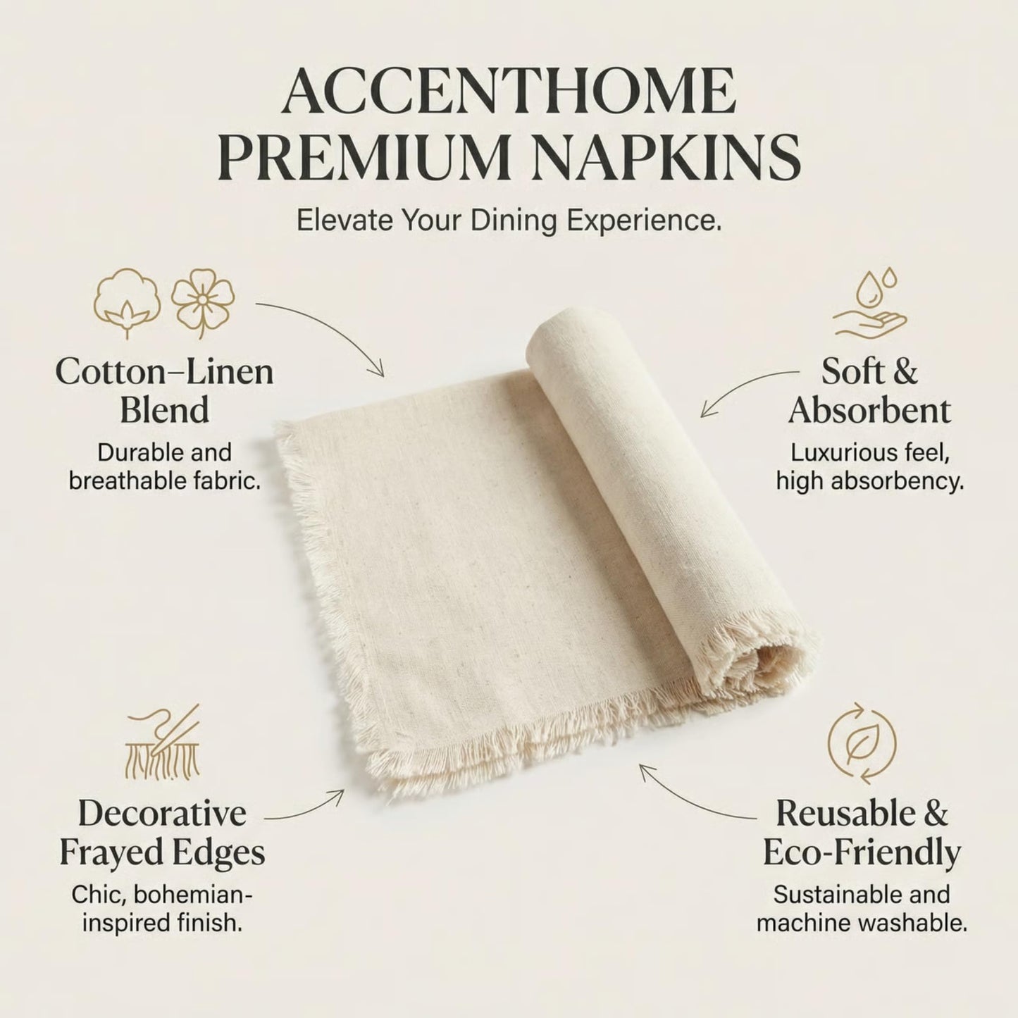 ACCENTHOME Natural Cotton Linen Napkin Set of 12 18x18 inch Dinner Napkins - Washable Soft Premium Hotel Quality Reusable Hemmed Edges Napkins Perfect Table Linens for Family Dinners, Weddings