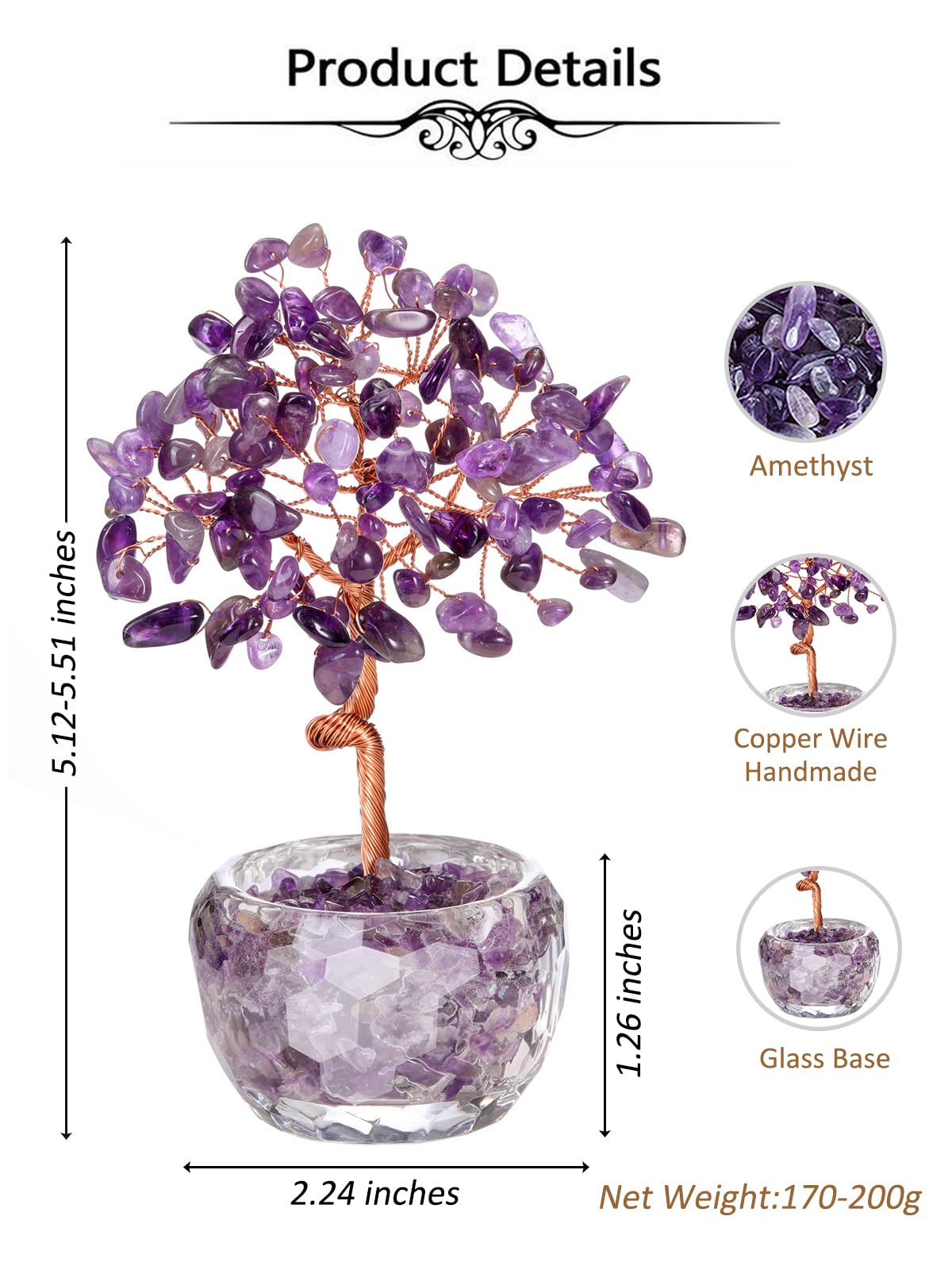 Top Plaza Healing Crystals Amethyst Crystal Tree with Glass Base Handmade Natural Gemstone Life Tree Mini Bonsai Money Trees Good Luck Home Office Desk Decor