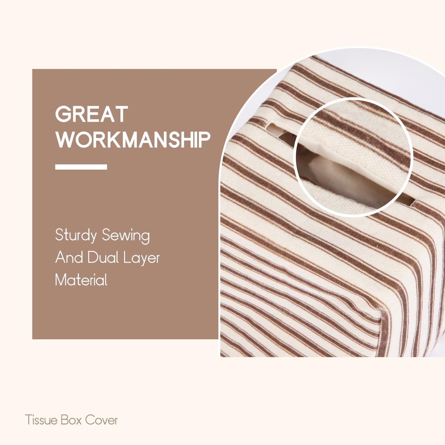 Tissue Box Cover, Fabric Tissue Box Holder Square, Stylish Reusable Toilet Paper Storage, Modern Bathroom Counter Organizer Decorations Accessories,Ticking Stripe 5''x5''x5'' (Light Brown)
