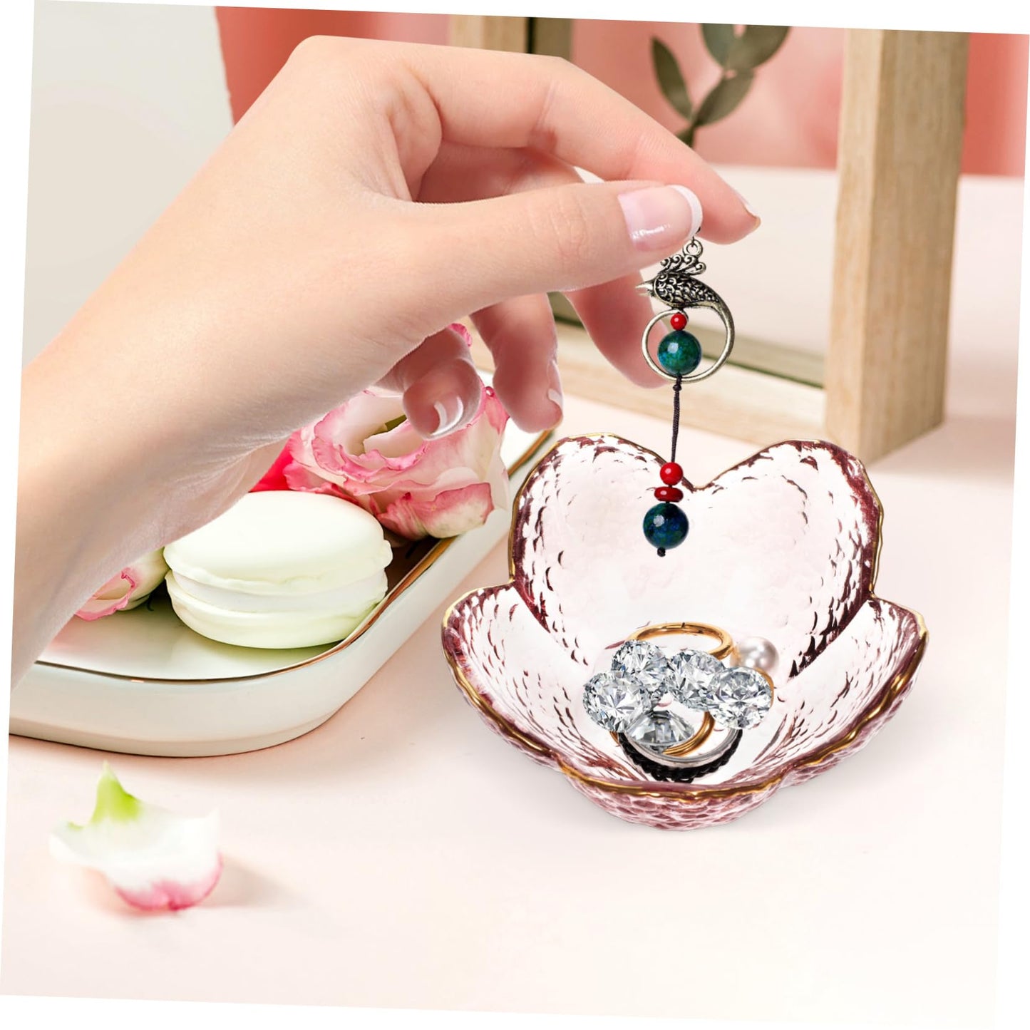 BESTYASH Glass Candy Bowl Cherry Blossoms Pink Gold Plate Decorative Trays for Office