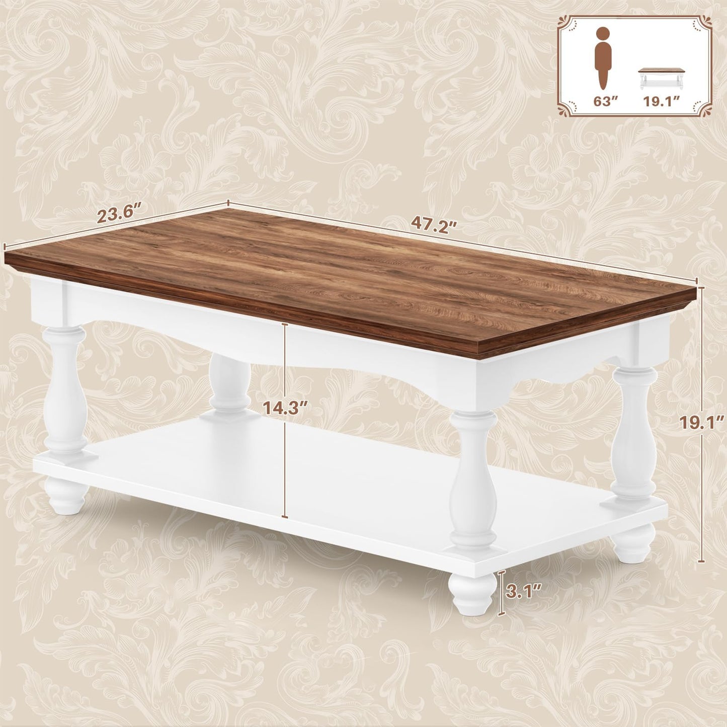 Besiost Farmhouse Coffee Table with Storage, 47" Mid Century Coffee Tables for Living Room, Modern 2-Tier Rectangle Coffee Table with Solid Wood Legs, Vintage Living Room Tables, Rustic Brown