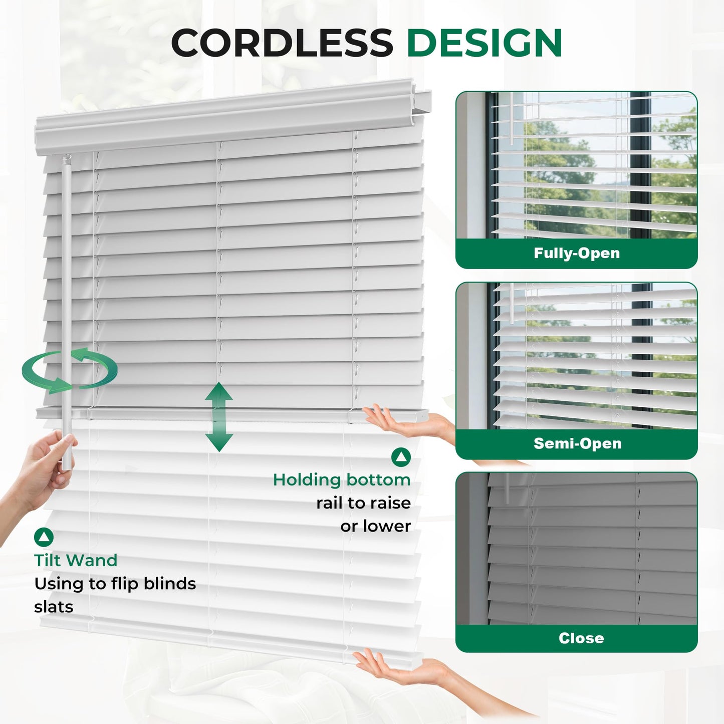 Allesin zen Cordless Faux Wood Blinds with Classic Valance, 2" Blinds for Indoor Windows-22 W x 48" H-White, Smooth Lift Operation, Horizontal Window Blinds for Home and Office