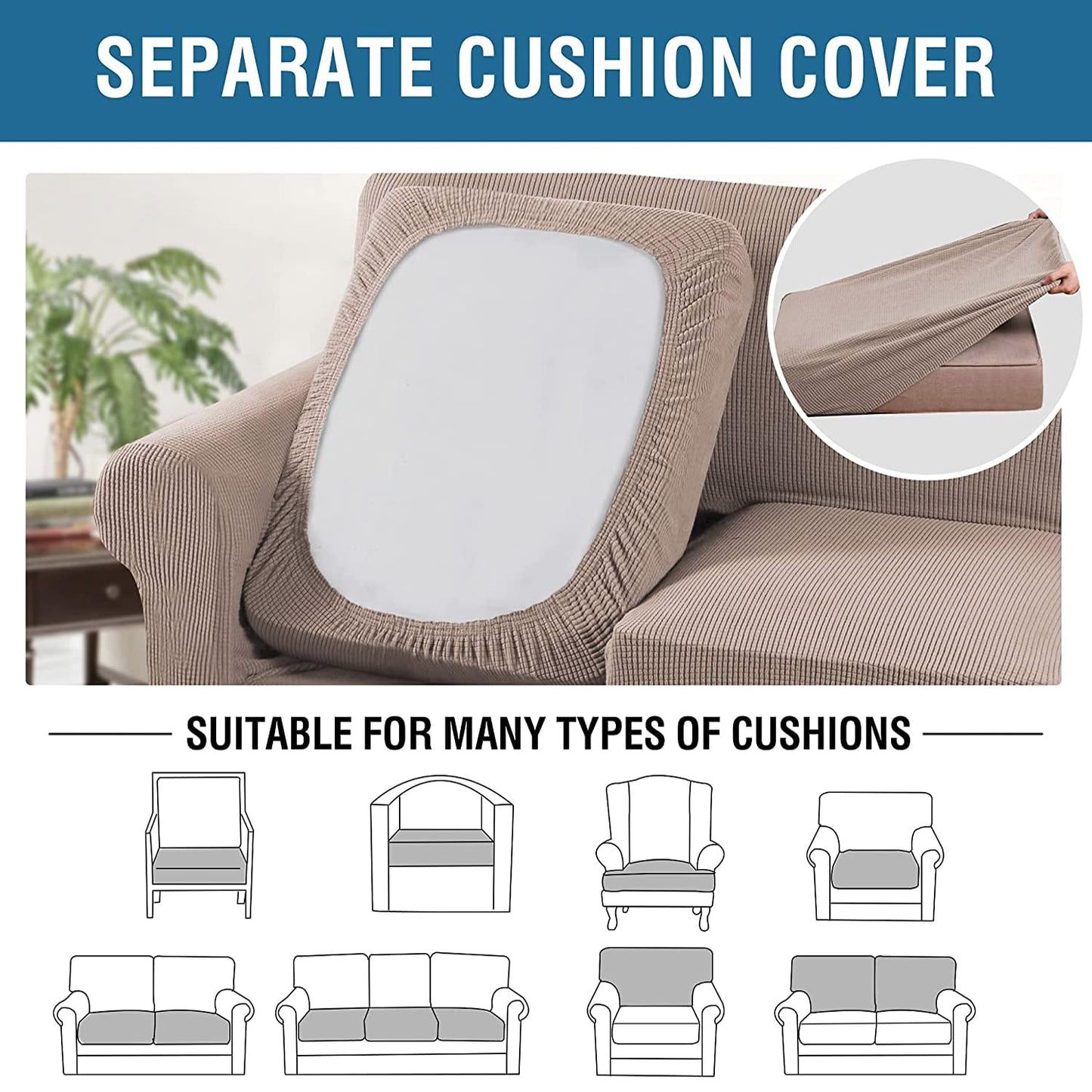 H.VERSAILTEX 4 Piece Stretch Sofa Covers for 3 Cushion Couch Covers for Living Room Slipcovers (Base Cover Plus 3 Seat Cushion Covers) Upgraded Thicker Jacquard Fabric (Sofa, Sand)
