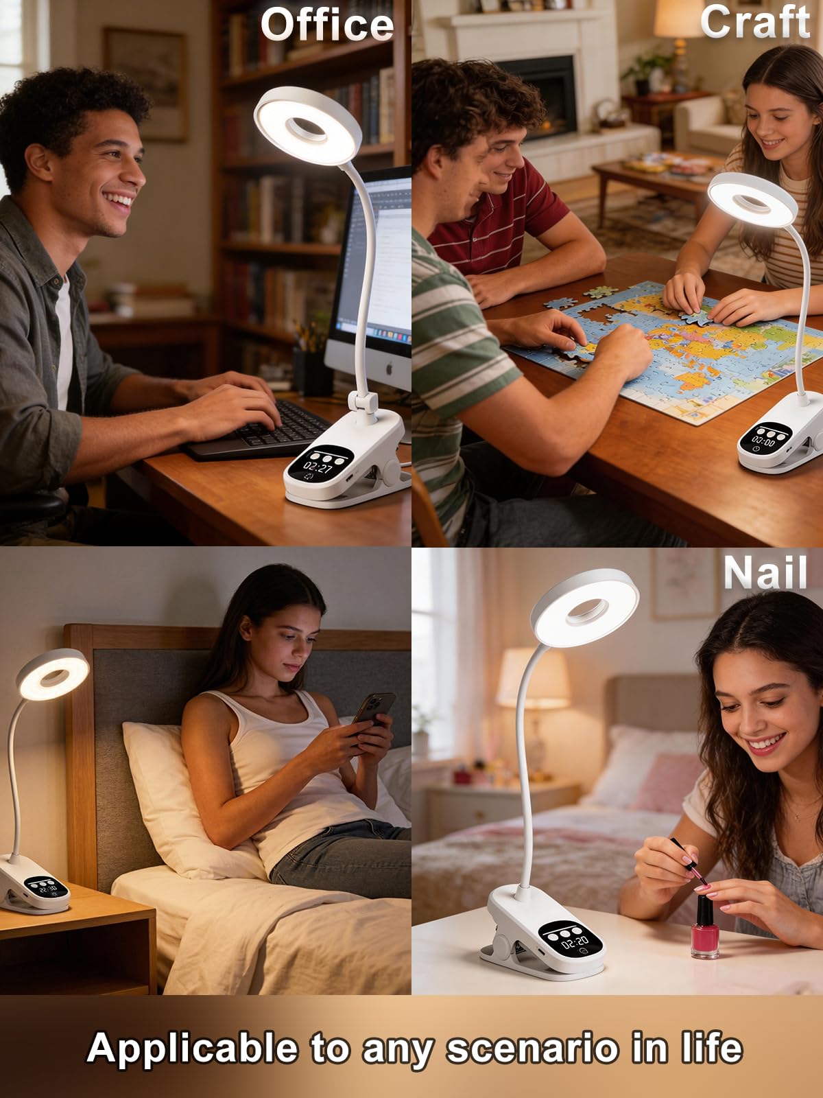 Wireless Clip on LED Desk Lamp, 1800mAh Rechargeable Eye-Caring Bedside Reading Light with Clock & Timer, 3 Color Temperatures 360° Rotatable for Dorm Room Home Office Camping Blackout (White)