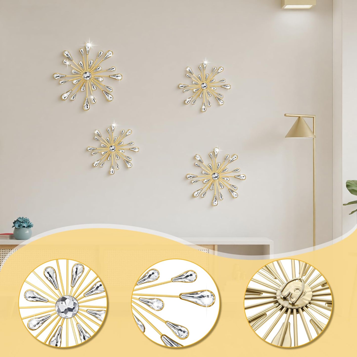 4 Pcs Starburst Wall Decor, Metal Starburst Wall Art Decor, Bling WallsArt Crystal Teardrop 3D Hanging Rhinestone Radial Metal Artwork, Decorative Walls Hanging Diamond for Living Room Bedroom(Gold)