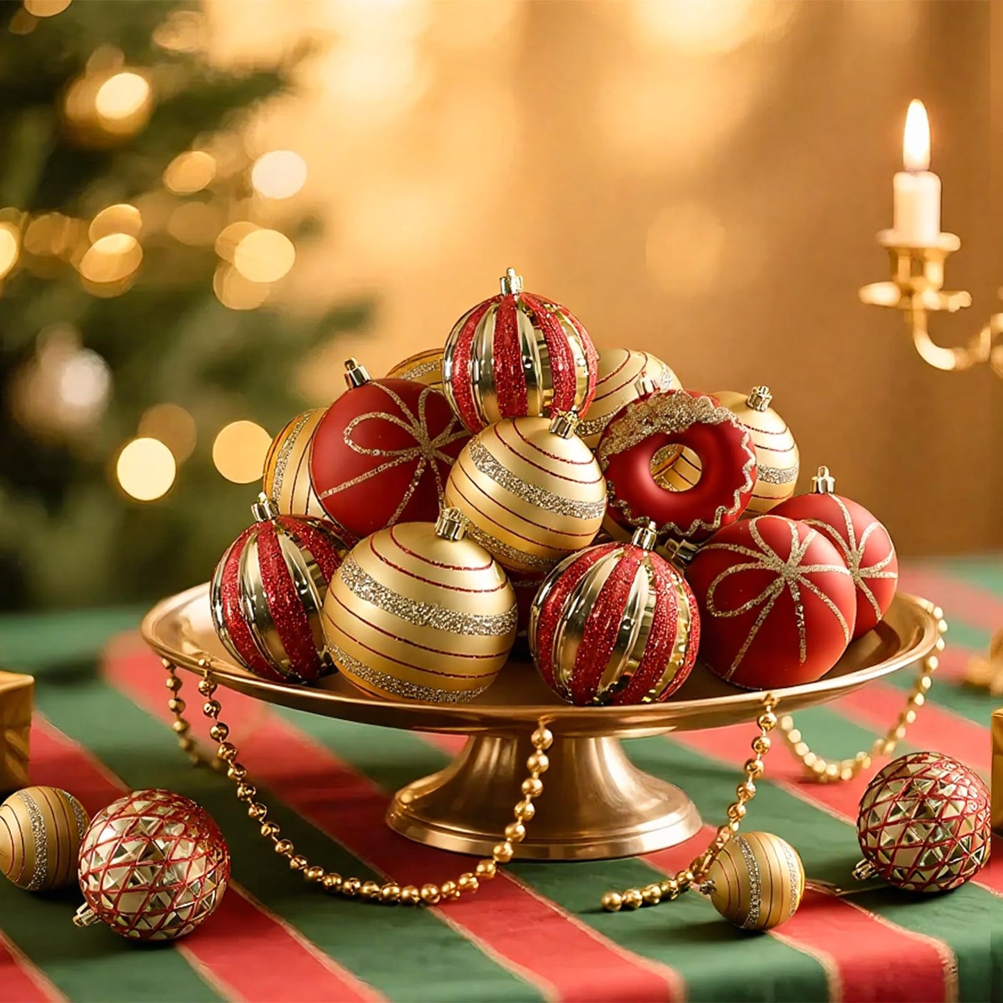 SHareconn 70pcs 2025 Classic Christmas Balls Ornaments Set, Shatterproof Plastic Baubles, Ribbon and Tree Topper for Xmas Tree Holiday Wedding Party Decorations with Hanging Strings, Red and Gold