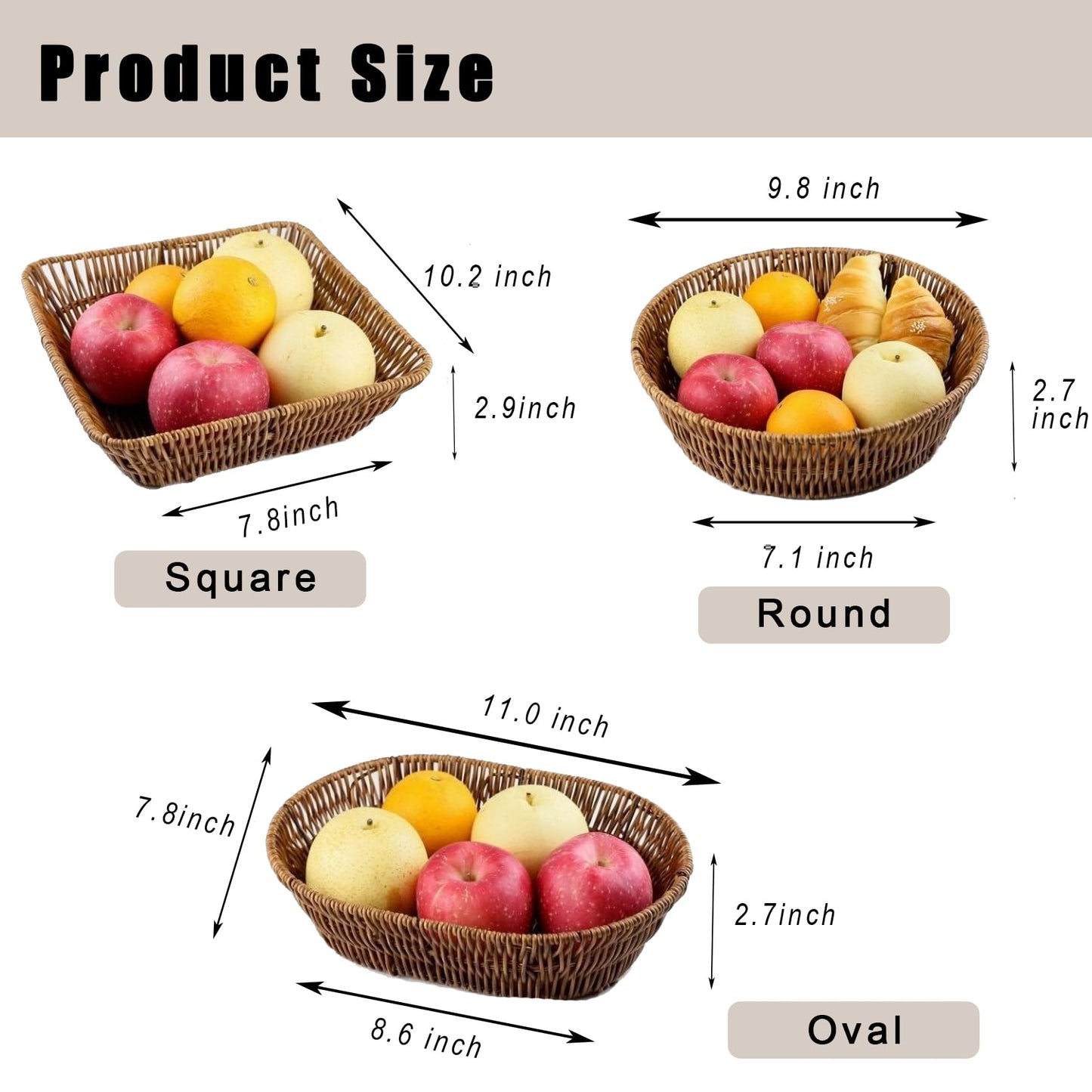 CBAOCBKVH Set of 3 Small Wicker Baskets, Bread Baskets for Serving, Handwoven Decorative Rattan Fruit Snack Food Storage Organizer for Kitchen Brown