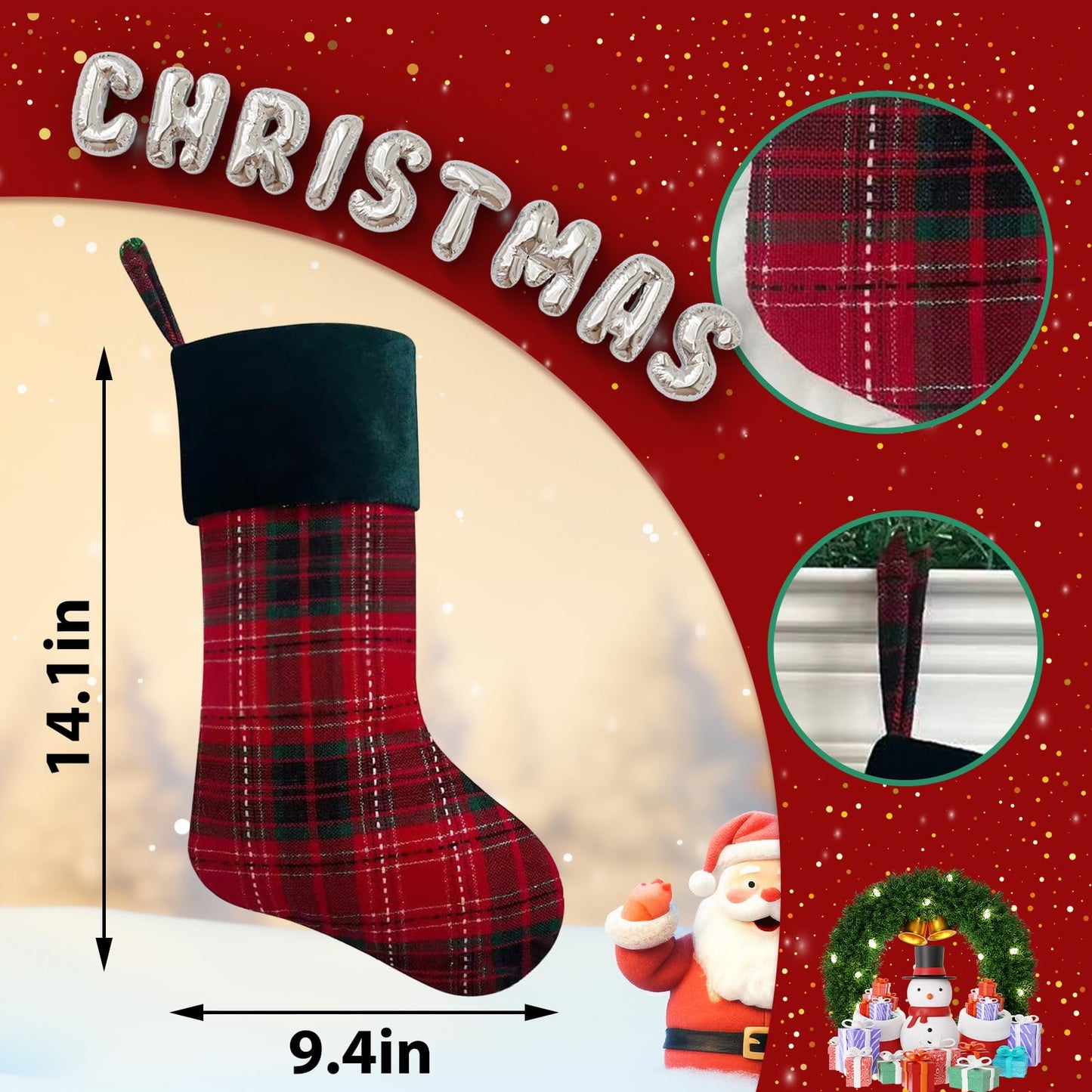 Ftuuo Red Buffalo Plaid Christmas Stockings, Green Faux Fur Xmas Fireplace Hanging Ornaments Sock Plush Cuffs Candy Stockings for Family Christmas Holiday Decorations