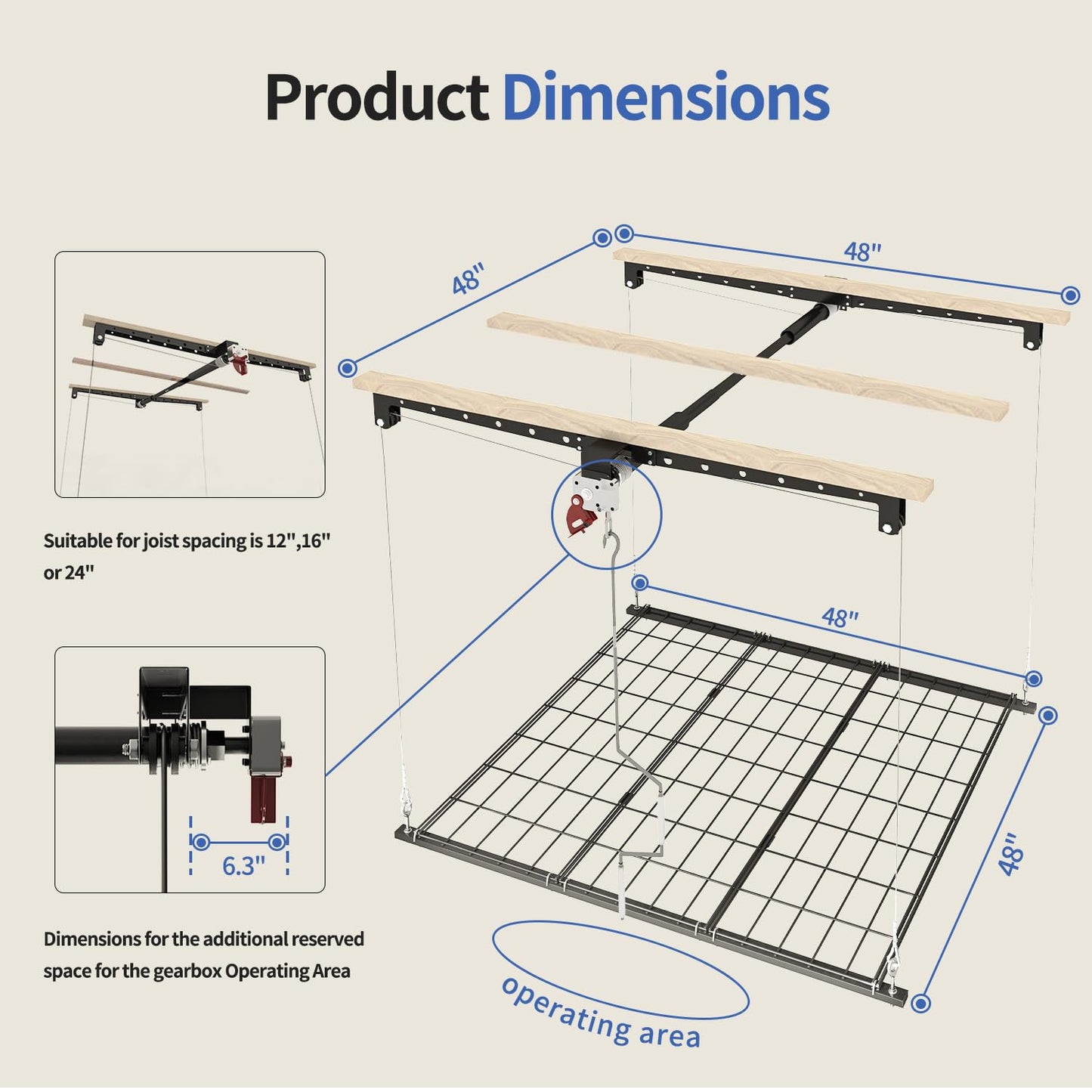 KOKORACKER Overhead Garage Storage Lift, Adjustable Heavy-duty 4x4 Ft Ceiling Racks with Safety Lock, Ideal for Storage Lifting Organization System, 250lbs Capacity