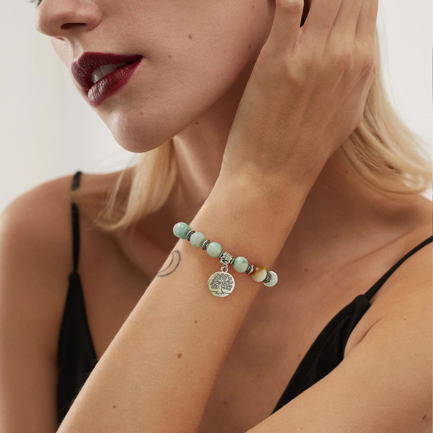 GolbalJew Healing Bracelet For Women Anxiety Amazonite Beaded Bracelets Jewelry Healing Stone Tree of Life Pendant Bracelet Stress Relief Yoga Beads Chakra Bracelets Gifts For Women