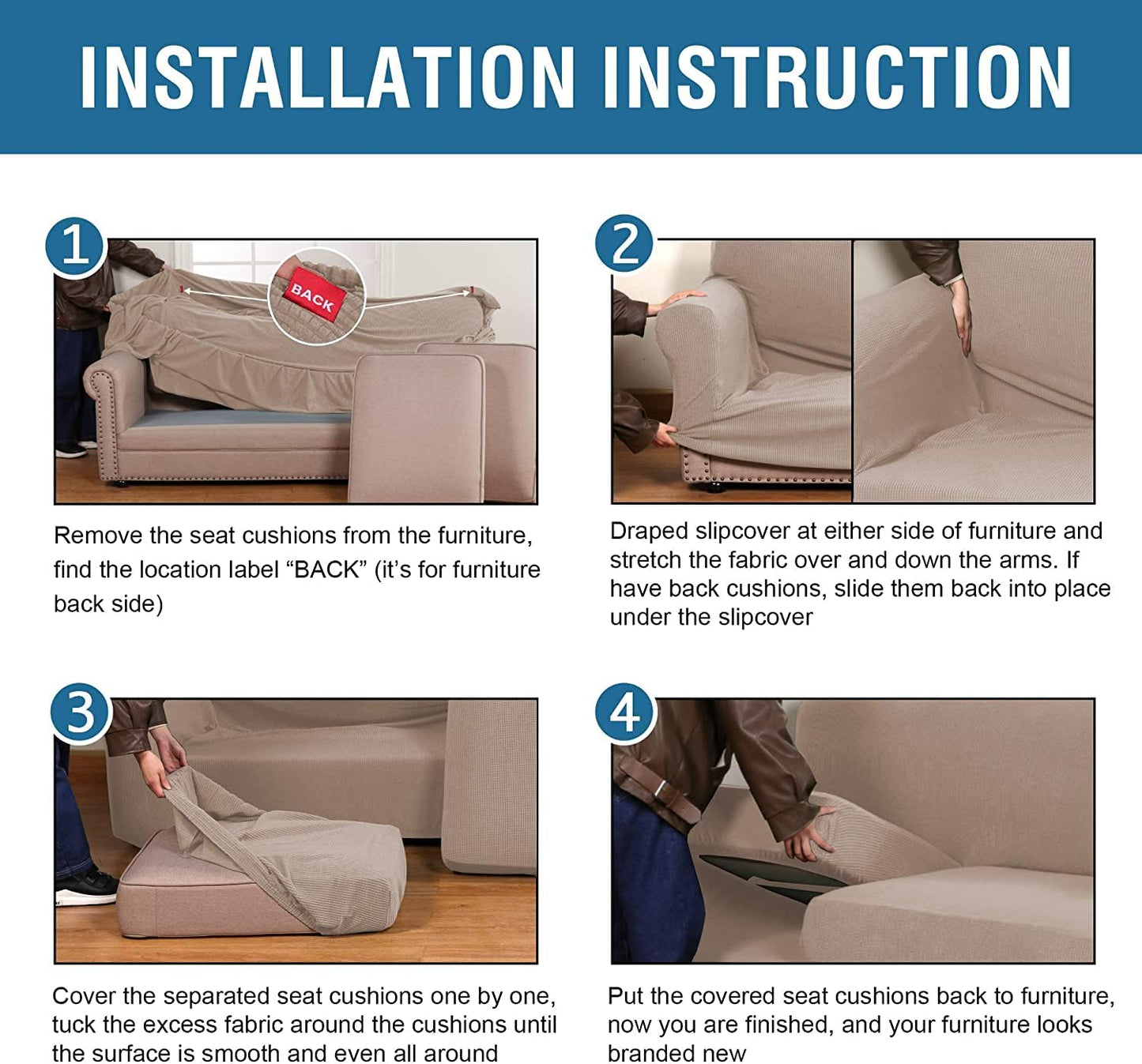 H.VERSAILTEX 4 Piece Stretch Sofa Covers for 3 Cushion Couch Covers for Living Room Slipcovers (Base Cover Plus 3 Seat Cushion Covers) Upgraded Thicker Jacquard Fabric (Sofa, Sand)