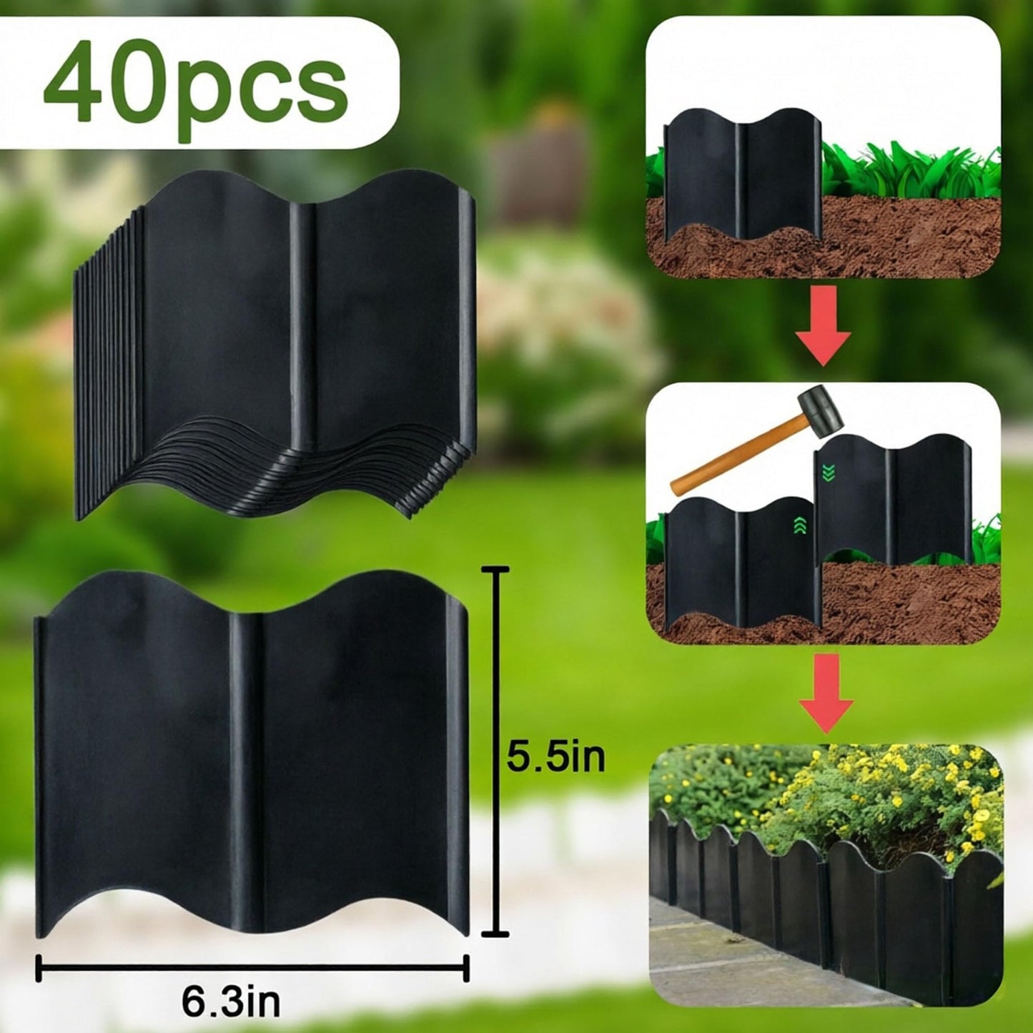 Orgrimmar 20 ft Garden Edging 40PCS Interlocking Landscaping Edging Kit, Plastic No-Dig Pound-in Garden Edge(20' Long x 5.3” Tall) - Black