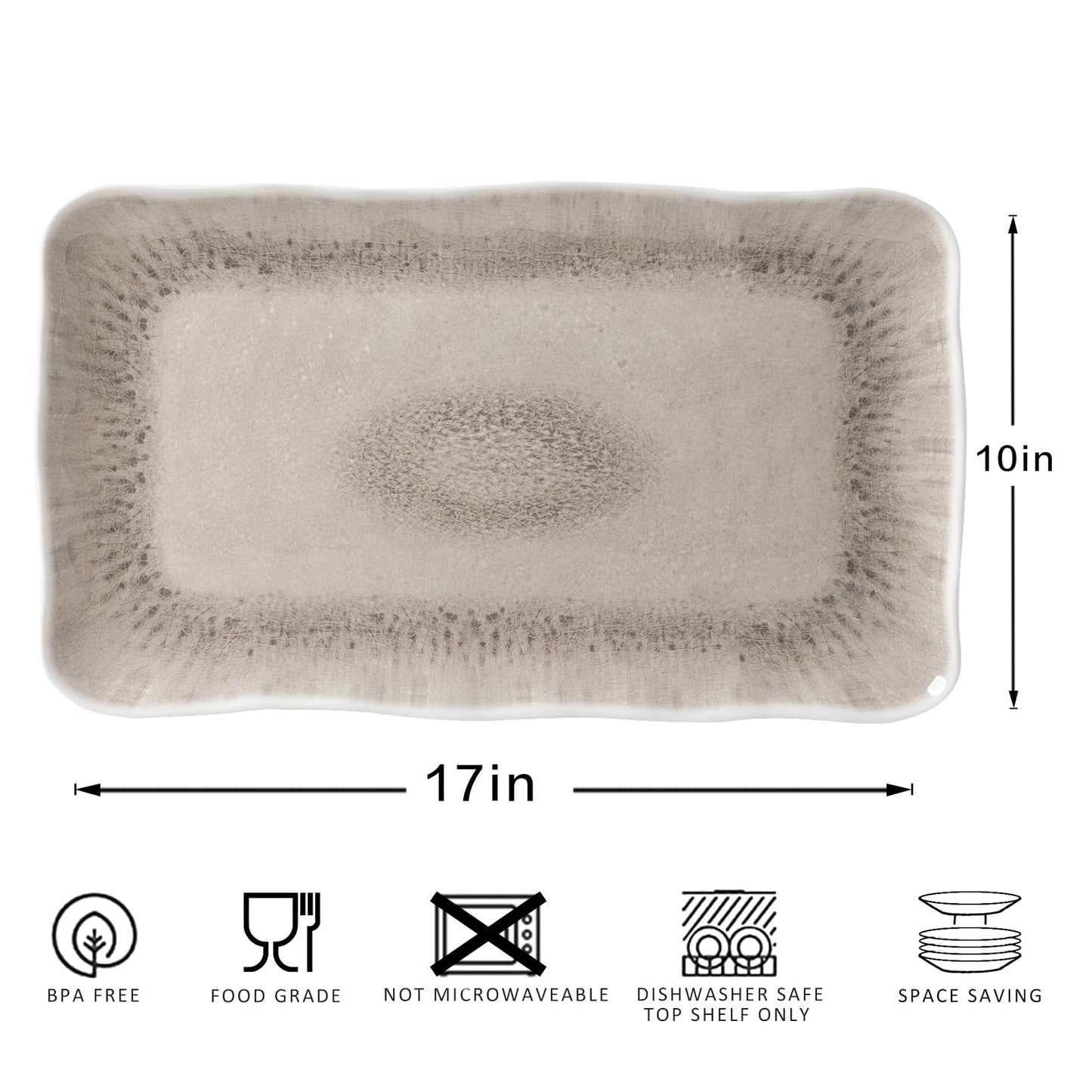 ZAROCRUS Vintage Melamine Serving Platters, Set of 2, 17'' x 10'' 100% Melamine And BPA Free Farmhouse Large Serving Trays. Warm Gray