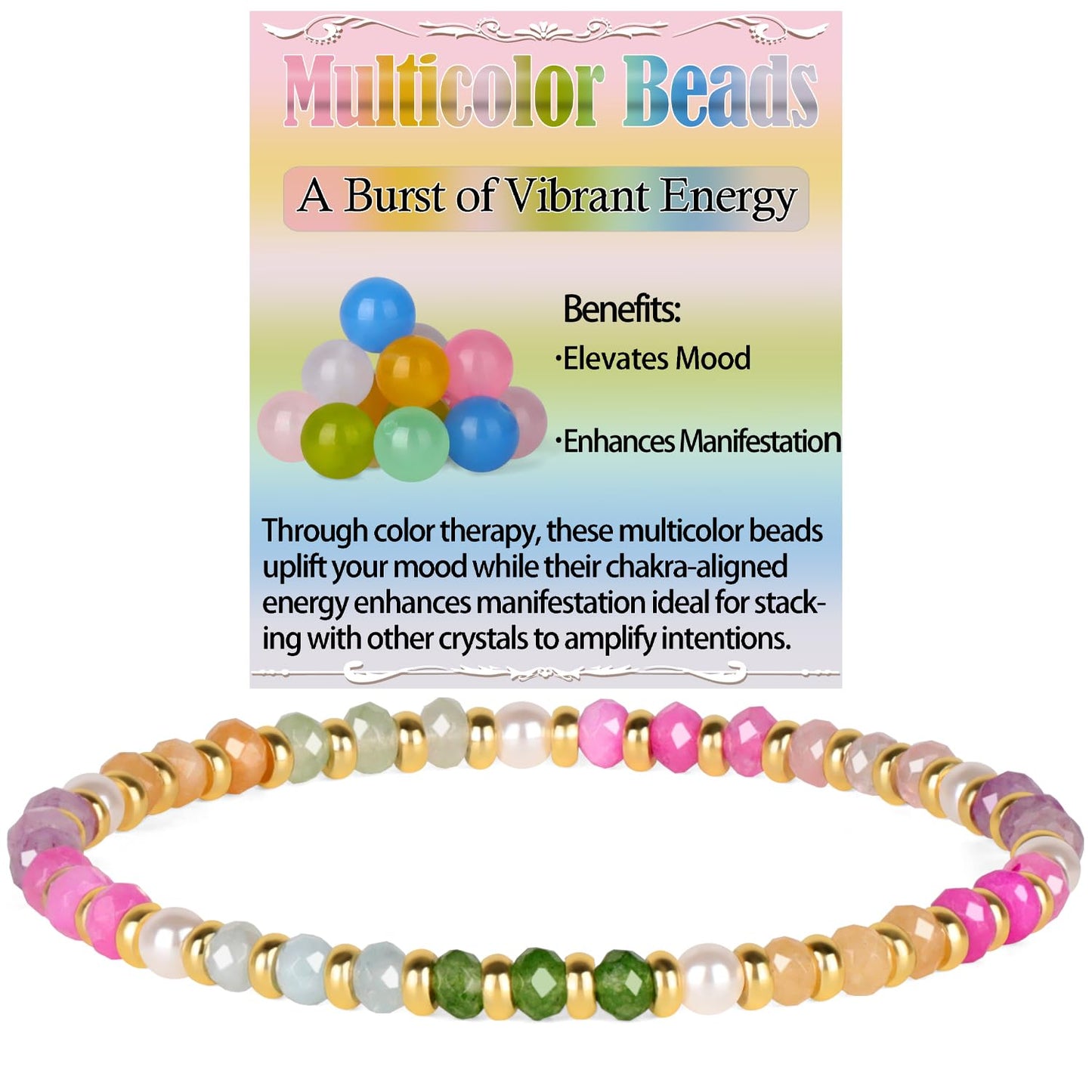 QOGIR Multicolor Beads - A Burst of Vibrant Energy - 14k Gold Plated Beads Natural Gemstone Stretch Elastic Dainty Healing Beaded Bracelets Gifts 2x4mm