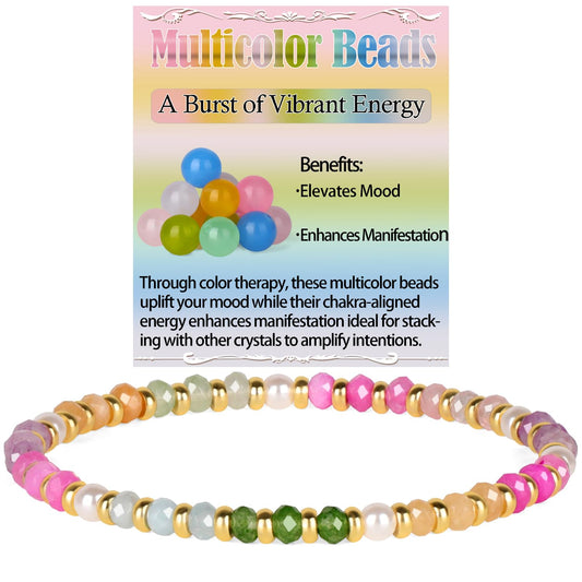 QOGIR Multicolor Beads - A Burst of Vibrant Energy - 14k Gold Plated Beads Natural Gemstone Stretch Elastic Dainty Healing Beaded Bracelets Gifts 2x4mm