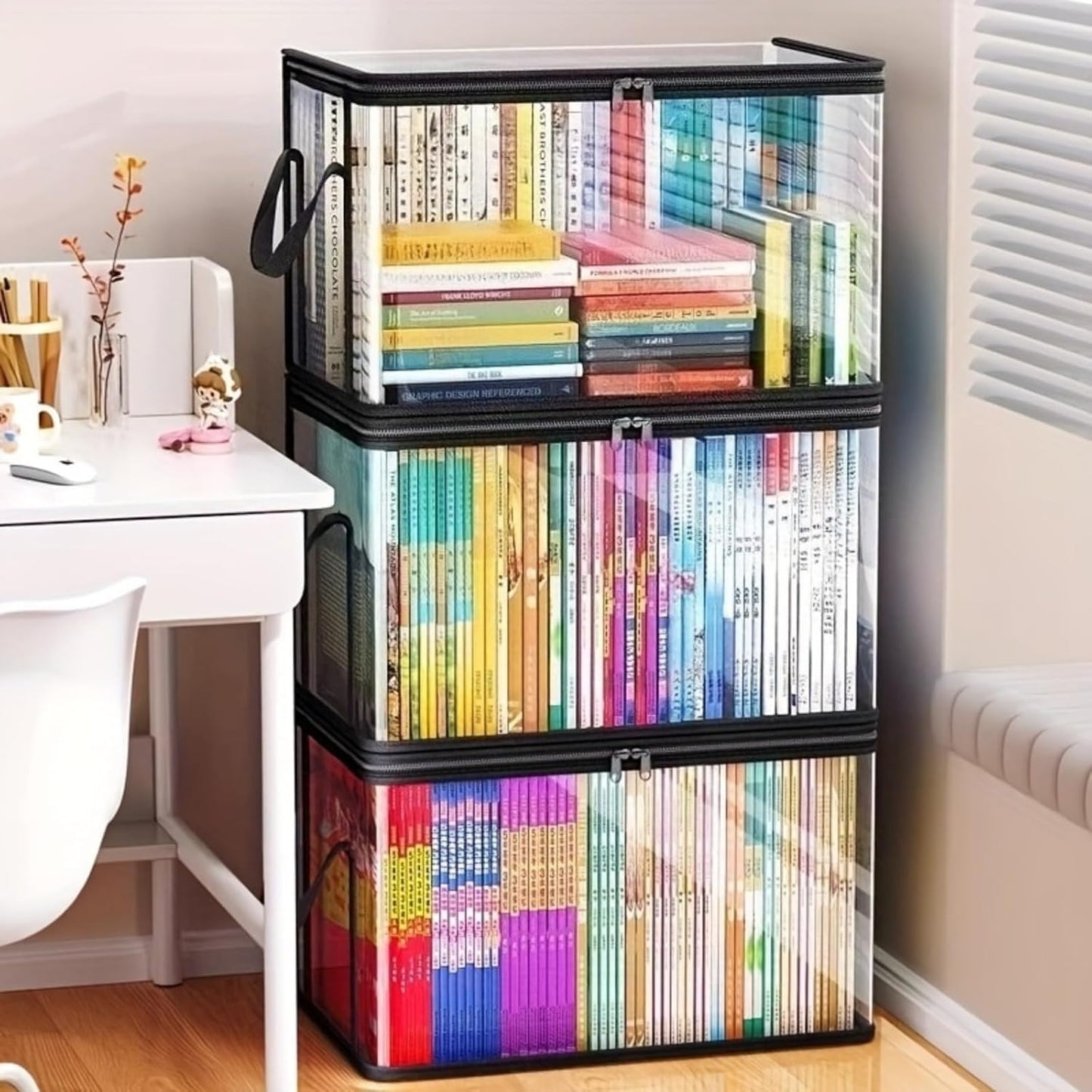 2pcs Waterproof Foldable Clear Book Storage Box with Handles, Transparent Book Organizer,Fold able Book Box Waterproof Storage Box for Office (black)