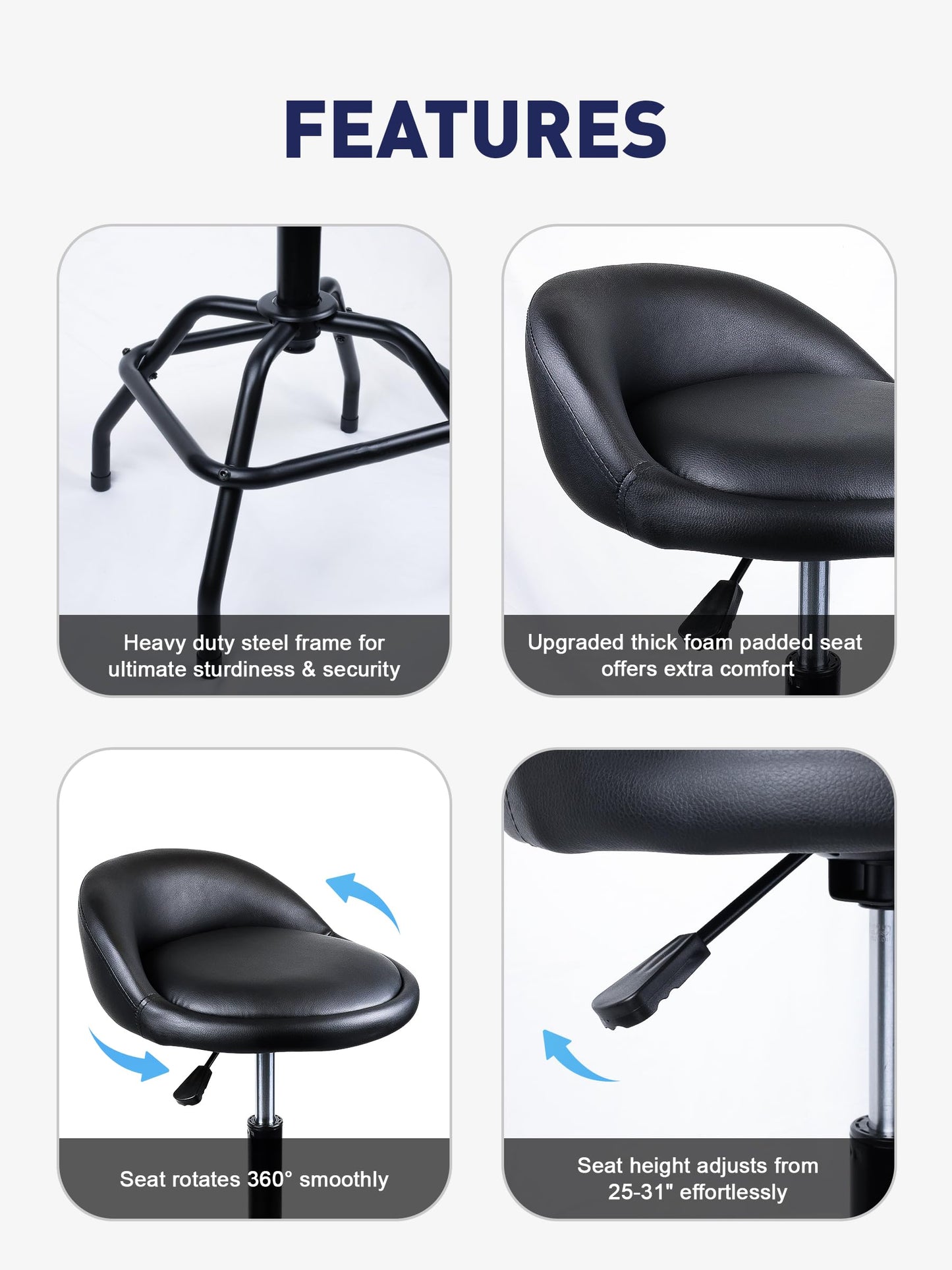 SMART JERRY - Garage Shop Stools, Counter Height Bar Stools, Swivel Barstools Height Adjustable, Work Bench Stool with Back, Kitchen Bar Height Chairs, Black (330lb Weight Capacity)