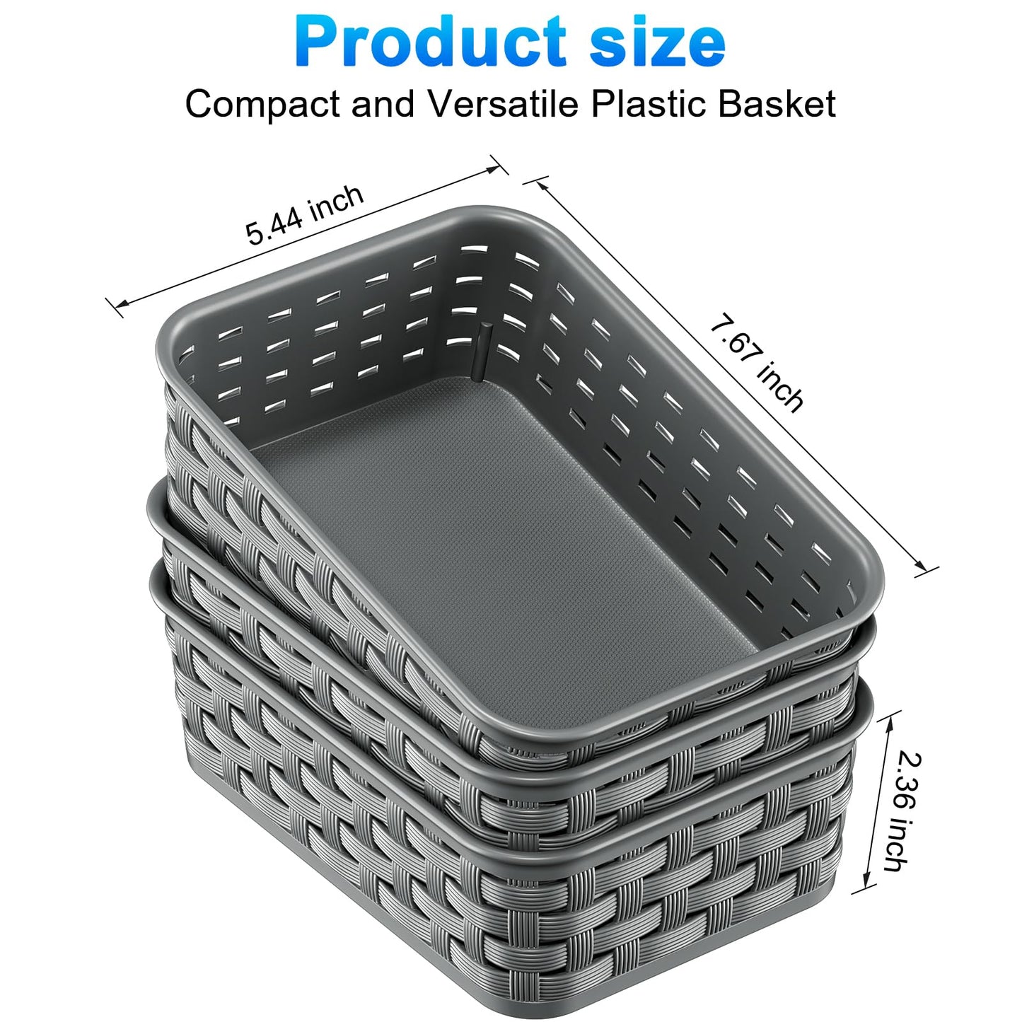 3 Pack Small Plastic Basket, Storage Bin Baskets for Organizing, Pantry Organizer Household Wicker Storage for Laundry Room, Bedrooms, Kitchens, Cabinets, Countertops, Dark Gray