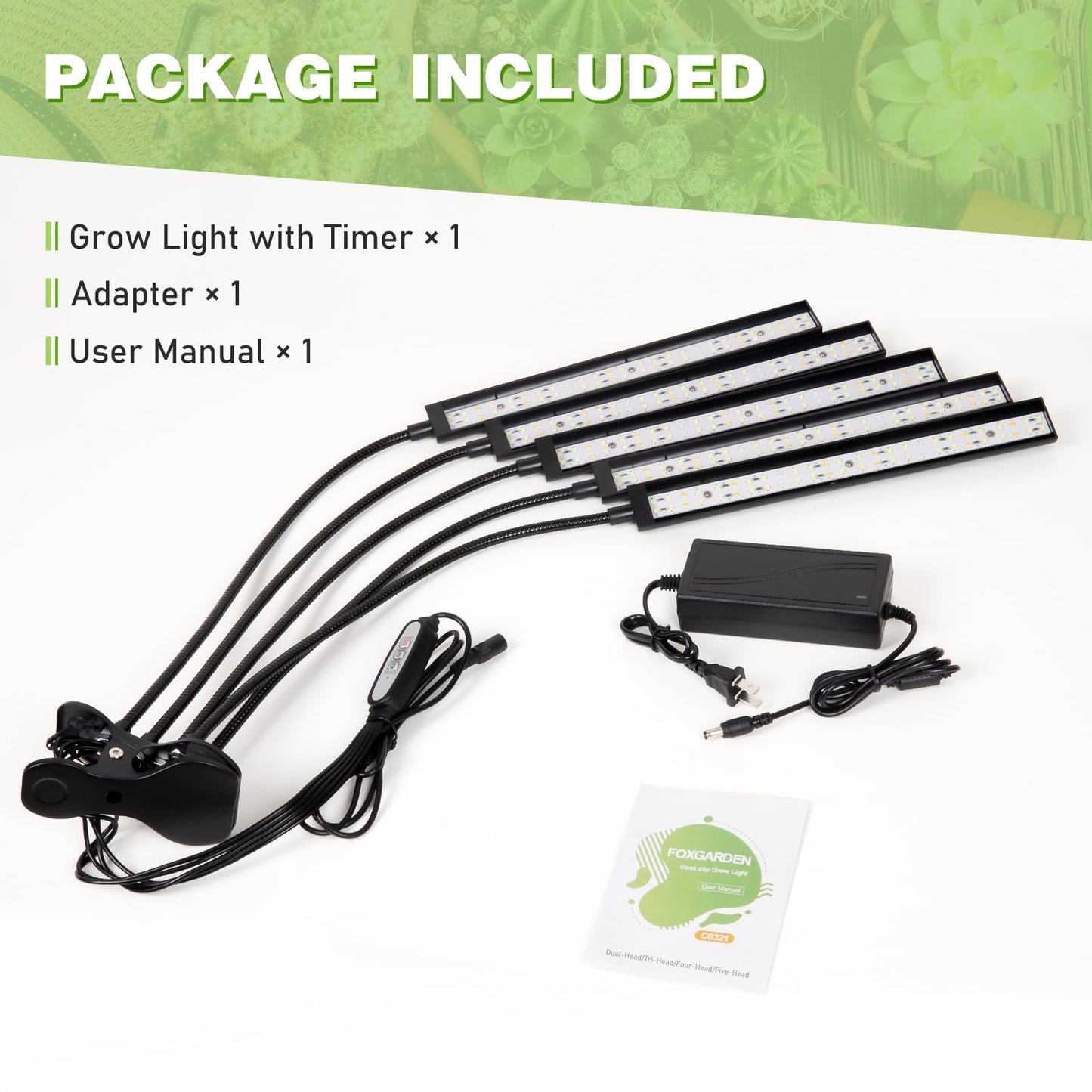 FOXGARDEN Grow Lights for Indoor Plants Full Spectrum, Plant Lights for Indoor Growing with Timer 4/8/12 H, Five-Head 260 LED Clip Grow Lamp with Gooseneck, 4 Brightness Levels for Plant Growing