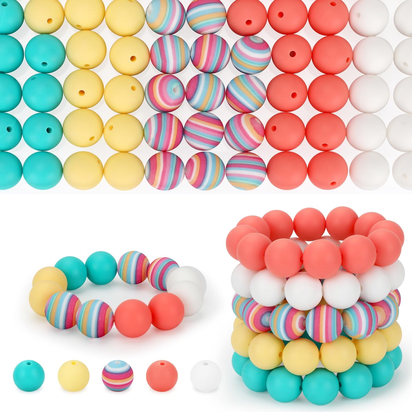 SALUOKE 100 Pcs 15mm Silicone Beads for Keychain Making, Pink Gream Silicone Beads Bulk Round for Bracelets Pens Crafts Jewelry Making (Rainbow)