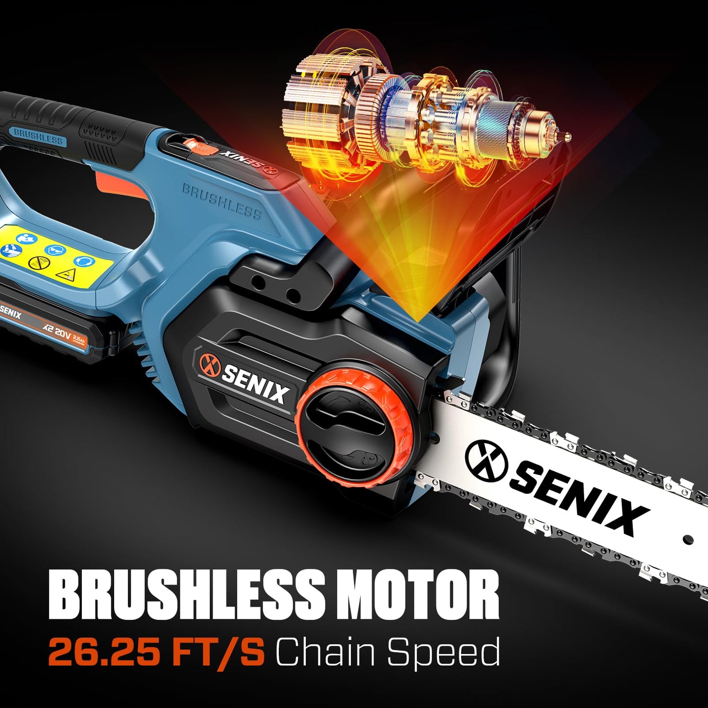 SENIX Chainsaw Cordless, 20V 10" Battery Chainsaw, Brushless Chain Saw, Includes 2.5Ah Battery & Charger, Garden Tool for Tree, Pruning, Branch Cutting, Yard, Fathers Day Gift, Tool-Free,CSX2-M