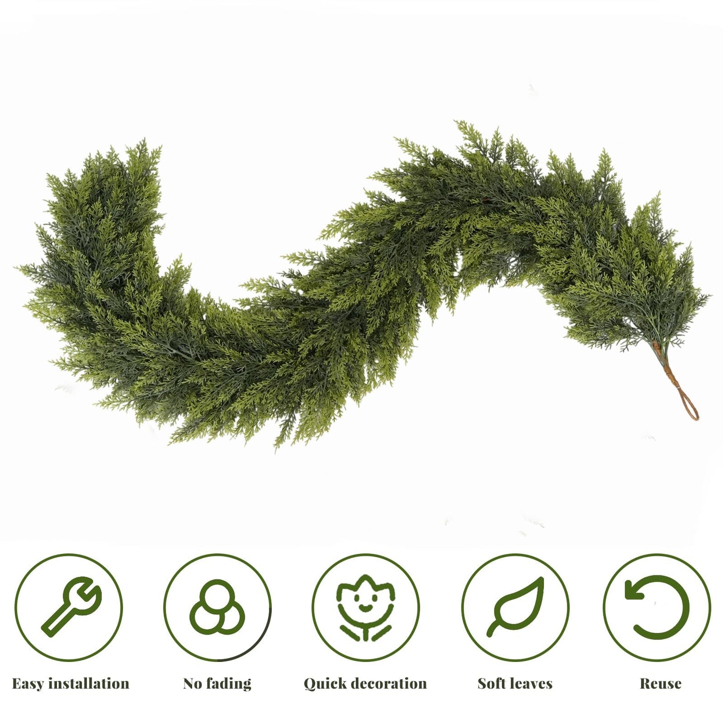 2 Pcs Christmas Garland, Christmas Decorations, 6FT Real Touch Cedar Garland, Artificial Cypress Garlands for Mantle Fireplace Door Table Wall Upstairs Indoor Outdoor Holiday Xmas Decor