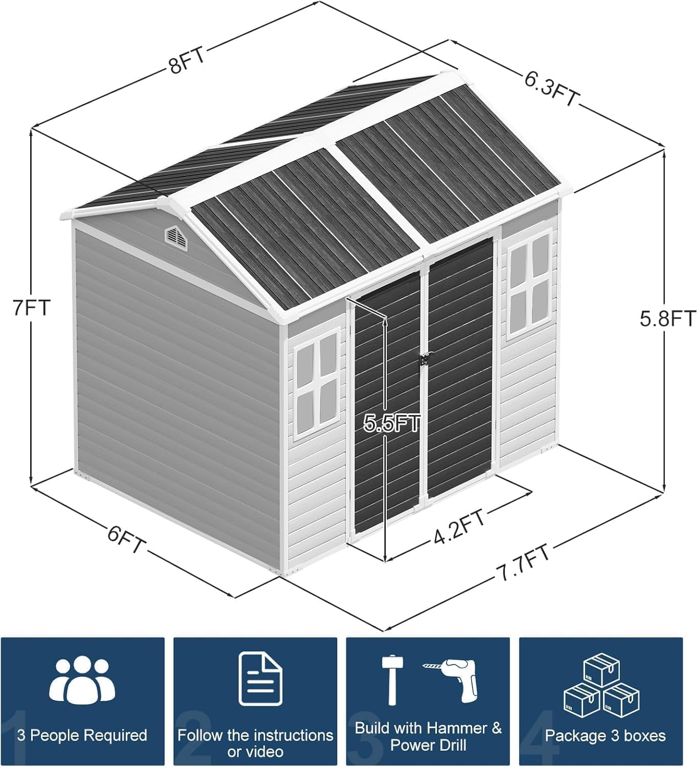 Restland 8x6 FT Resin Storage Shed with Floor & Adjustable Windows Large Outdoor Shed Waterproof Plastic Garden Sheds for Patio, Backyard, Lawn