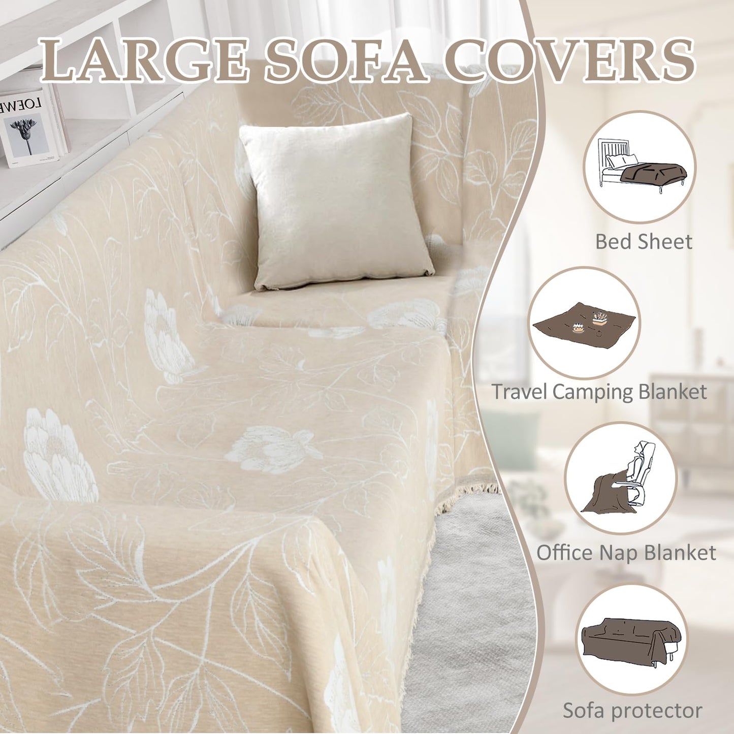SYJOVIA 1OO% Waterproof Sectional Couch Covers for Dogs L Shaped Corner Sofa Cover Washable Chenille Sofa Slipcovers Blanket Modern Jacquard Pet Furniture Protector (91"x252", Beige Flower)