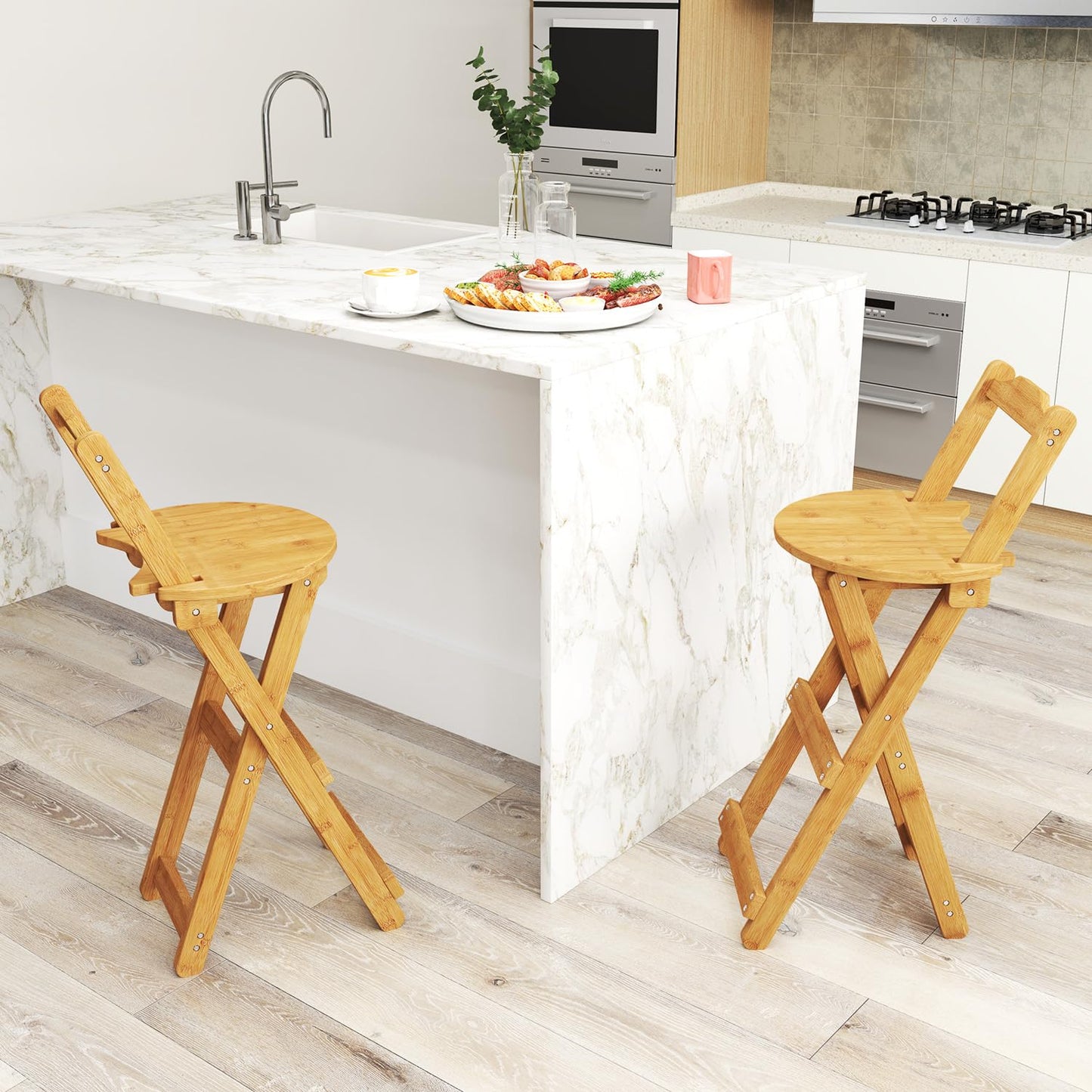 Nisorpa Folding Bar Stool with Backrest Kitchen Counter Height Stool with Back Support Foldable Bamboo Bar Stool Folding Bar Chair for Home Kitchen Island Breakfast No Assembly 1Pack