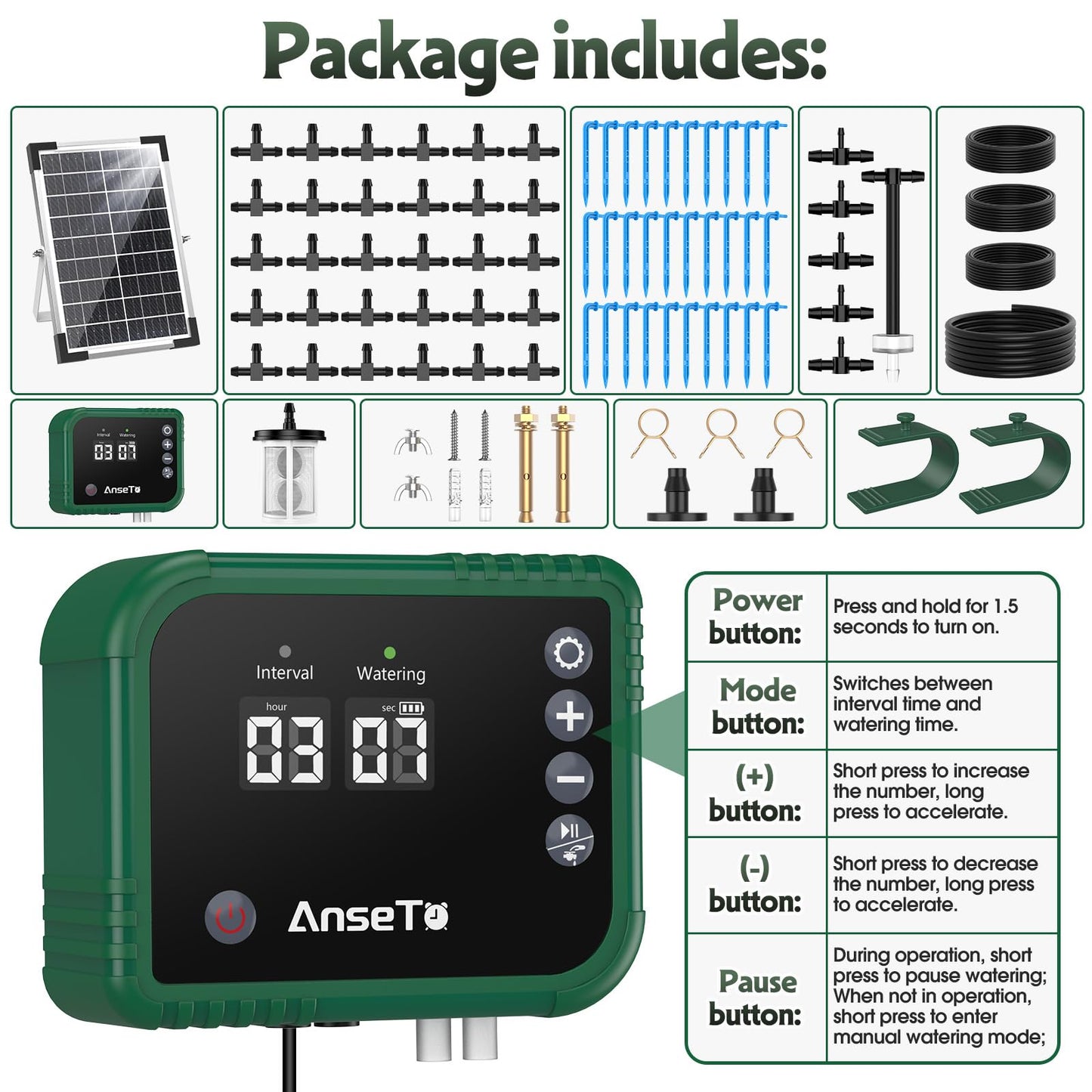 AnseTo 8W Solar Drip Irrigation System for Gardens, DIY Automatic Drip Kit, Supports Watering 30 Pots, Includes 35m Drip Hose and 30 Emitters Suitable for Gardens/Greenhouses/Outdoor Irrigation Timer