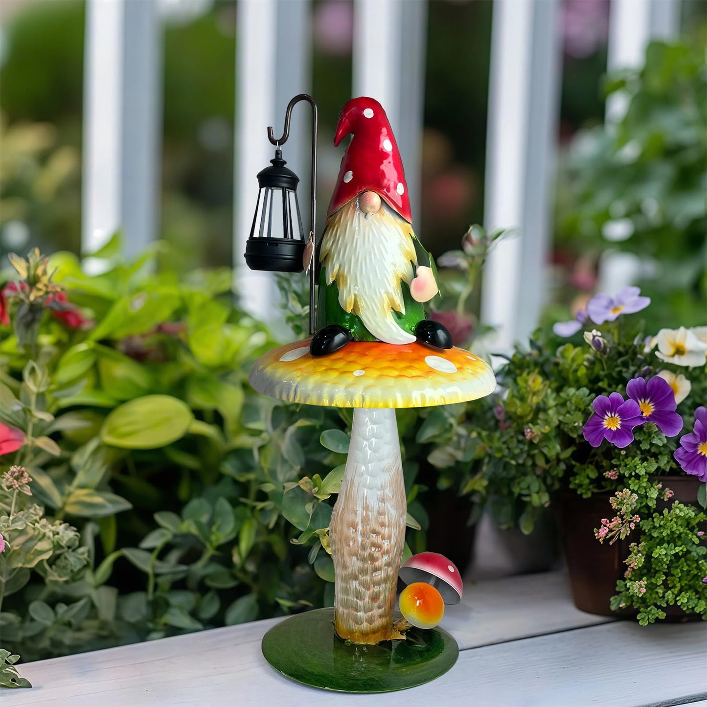 HONGLAND Solar Garden Gnomes Outdoor Statue, Waterproof Outdoor Mushroom Decor with Solar Lantern LED Lights for Yard, Patio, Lawn Ornaments, Ideal Gifts for Mom Grandm, Housewarming Gifts-16.5"