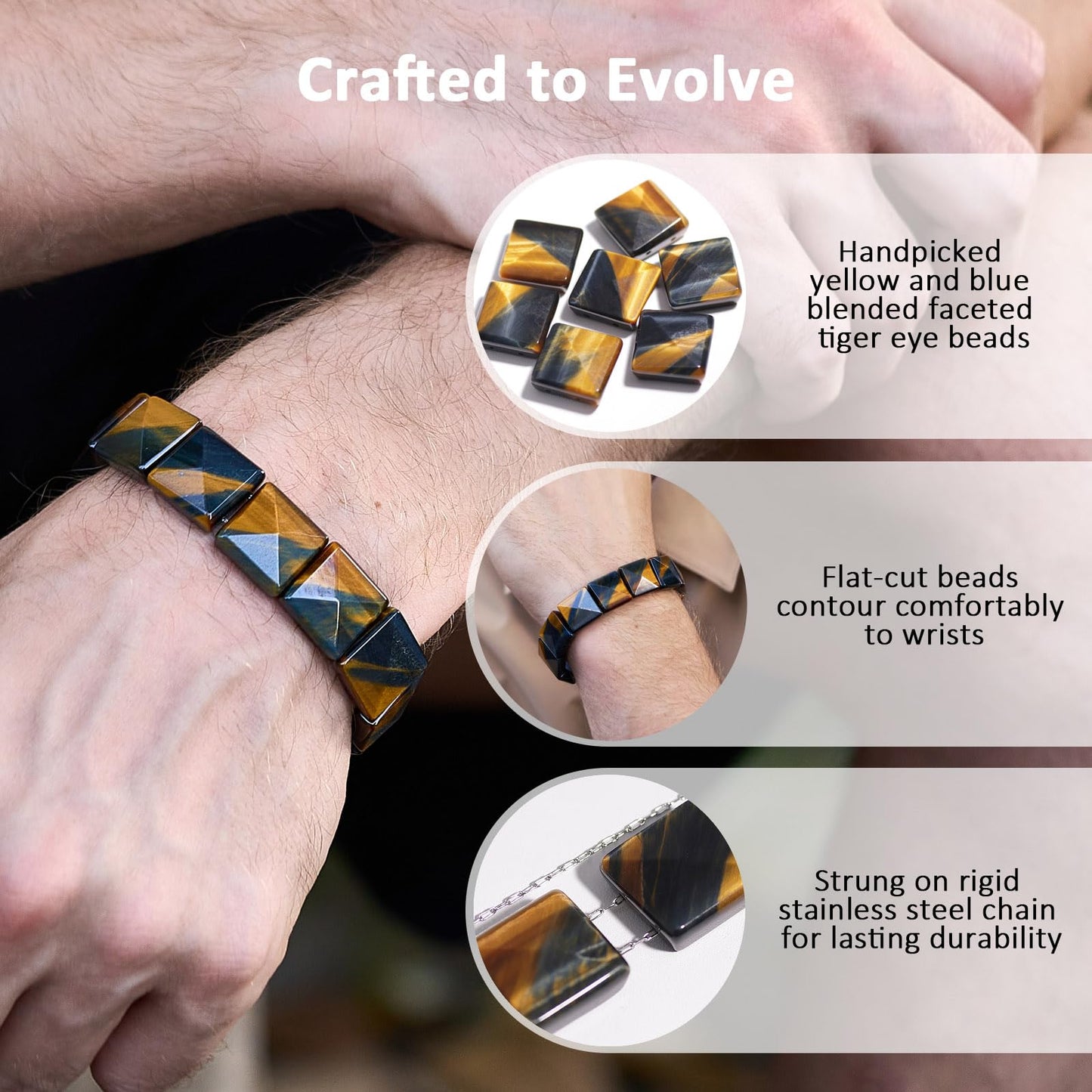GALKCRST Tiger Eye Beaded Bracelet for Men Yellow and Blue Tiger Eye Bracelet, Natural Ctystal Stone, Faceted Square Flat Beads, Stainless Steel Chain with Adjustable Knot, Gift for Him