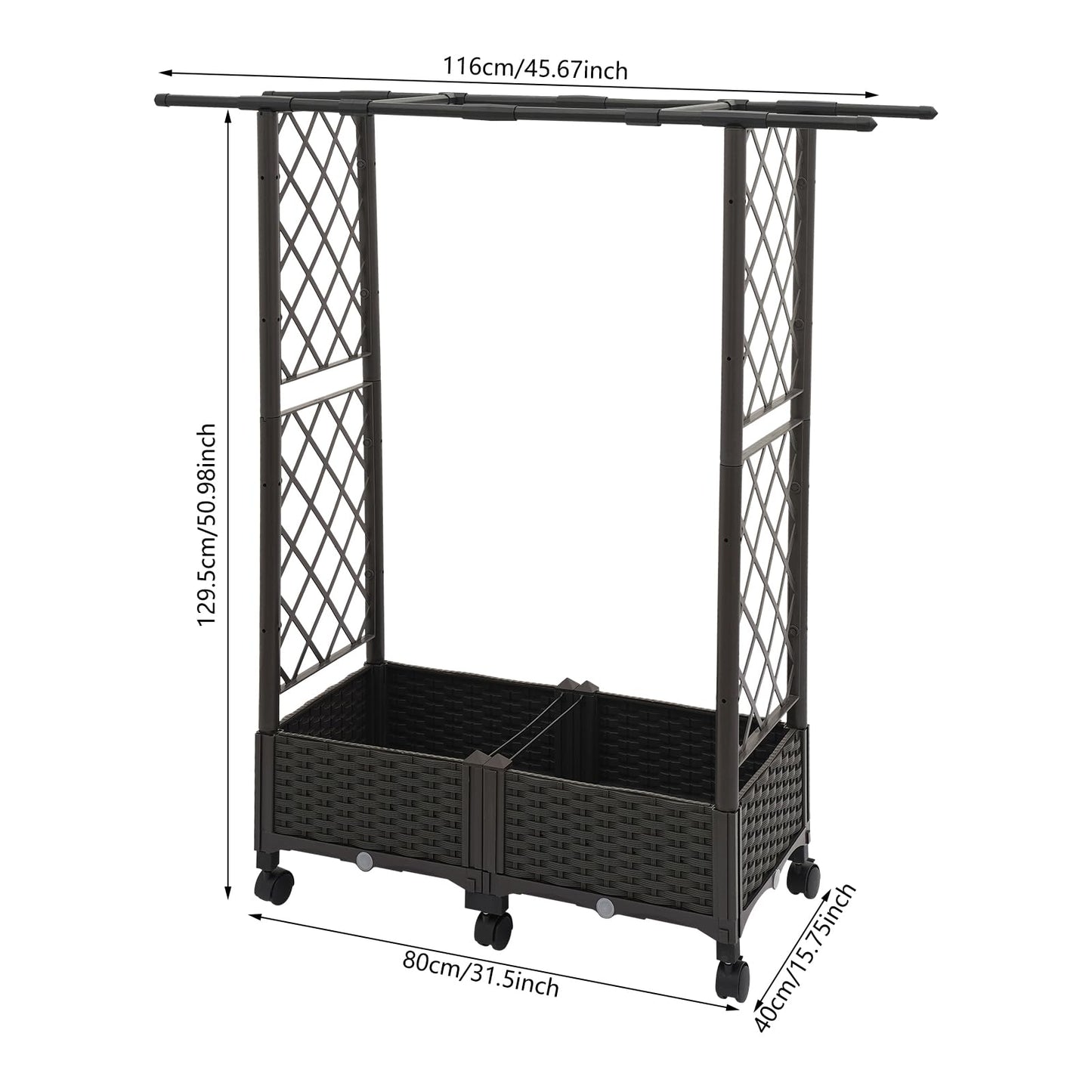 Tapischion Planter Garden Box with Trellis, 6 Wheels & Hanging Rods - 80cm Large Vertical Gardening Box for Balcony, Patio, Outdoor Brown
