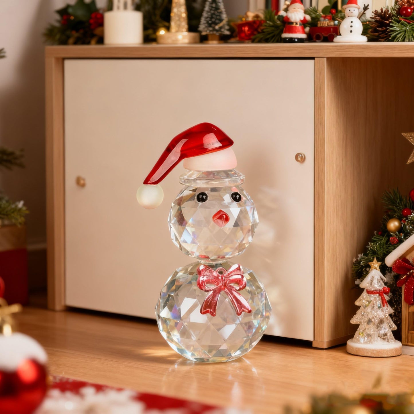 vskikris Christmas Snowman Figurine - Sparkling Crystal Snowman Figurine Decorations Christmas Glass Figurine Ornament with Red Hat, Festive Table Decor Xmas Gift & Collectible Paperweight