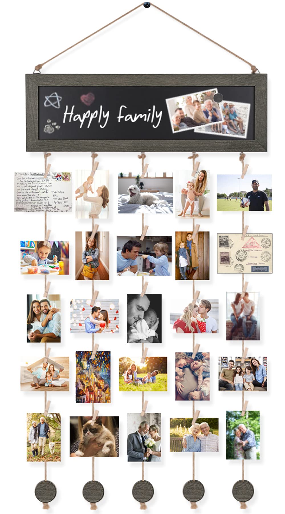 Bikoney Picture Frames Collage Photo Hanging Display Picture Board Wood Rustic Frames for Wall Decor with Blackboard and 30 Clips Weathered Grey