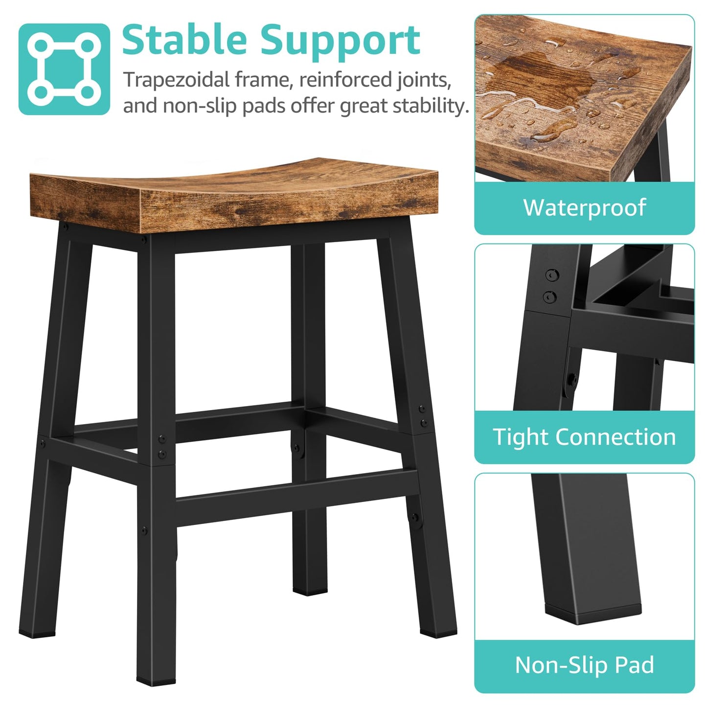 WINAZ Rustic Bar Stools, 24 Inch Barstools, Counter Height Stools with Footrest, Wooden Stool for Kitchen Island, Heavy Duty Backless Chair for Dining Table Farmhouse Outdoor 1 PC