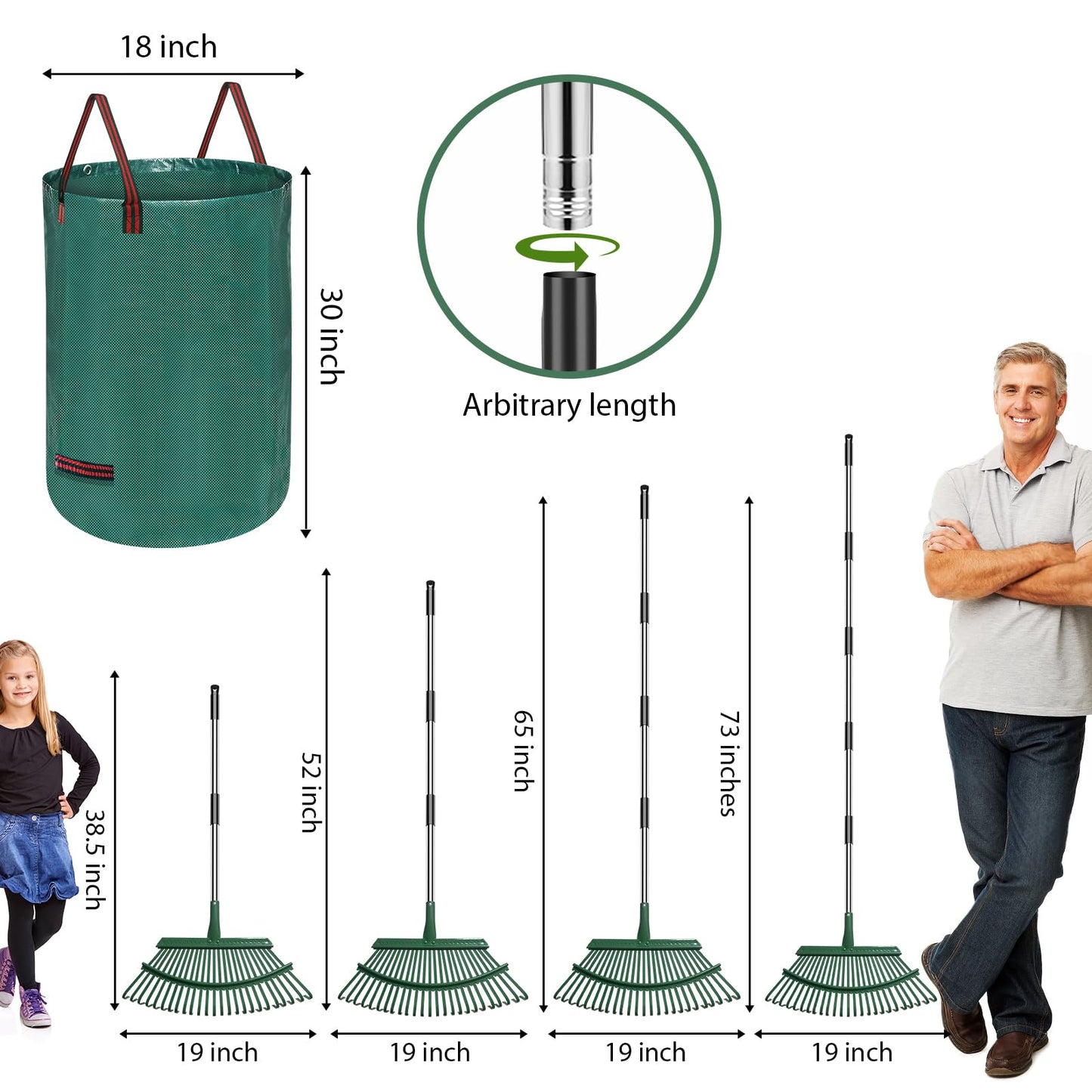 Adjustable Metal Leaf Rake Set – 25 Tines, 38-73" Handle, 19" Wide with 2 Pack 32-Gallon Leaf Bags & Scoops – Heavy Duty Garden Rake for Lawns, Shrubs, Grass, Flower Beds & Outdoor Use