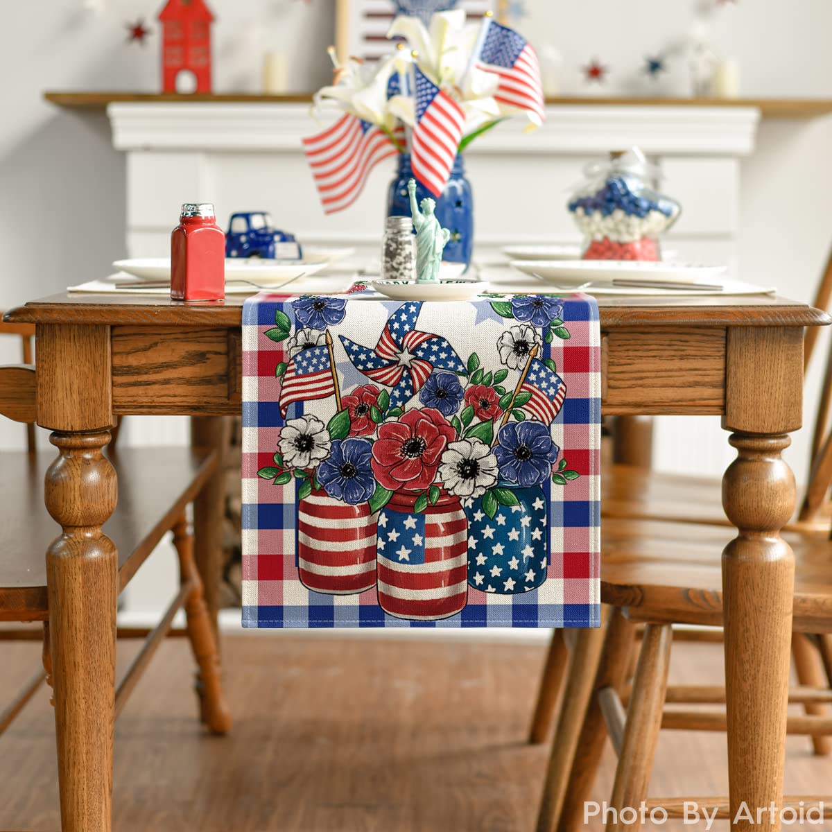 Artoid Mode Buffalo Plaid Vases Flowers Patriotic Memorial Day 4th of July Table Runner, Independence Day Holiday Kitchen Dining Table Decor for Home Party Decoration 13 x 72 Inch